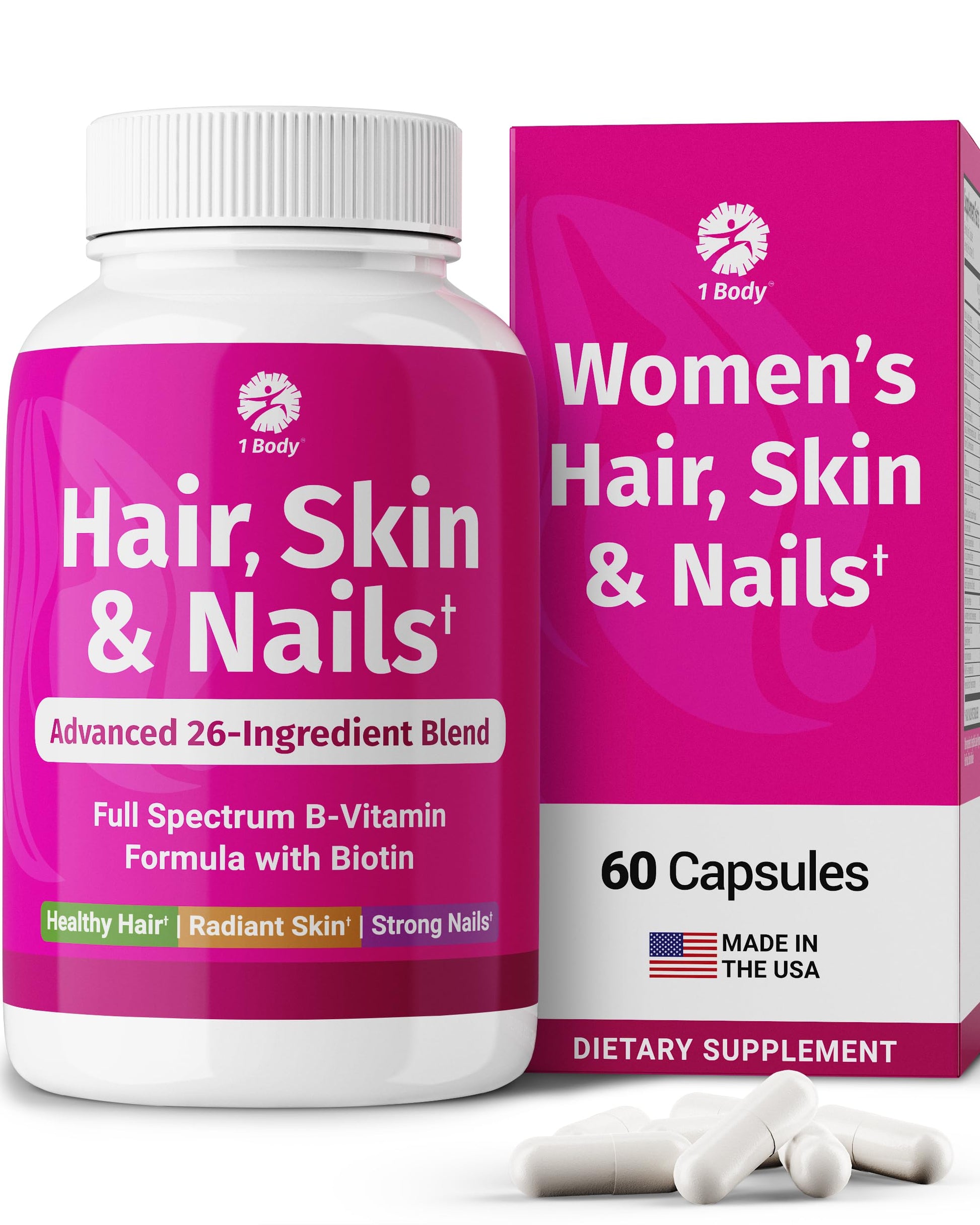 1 Body Hair Skin and Nails Vitamins with Biotin Capsule, 60 Capsules