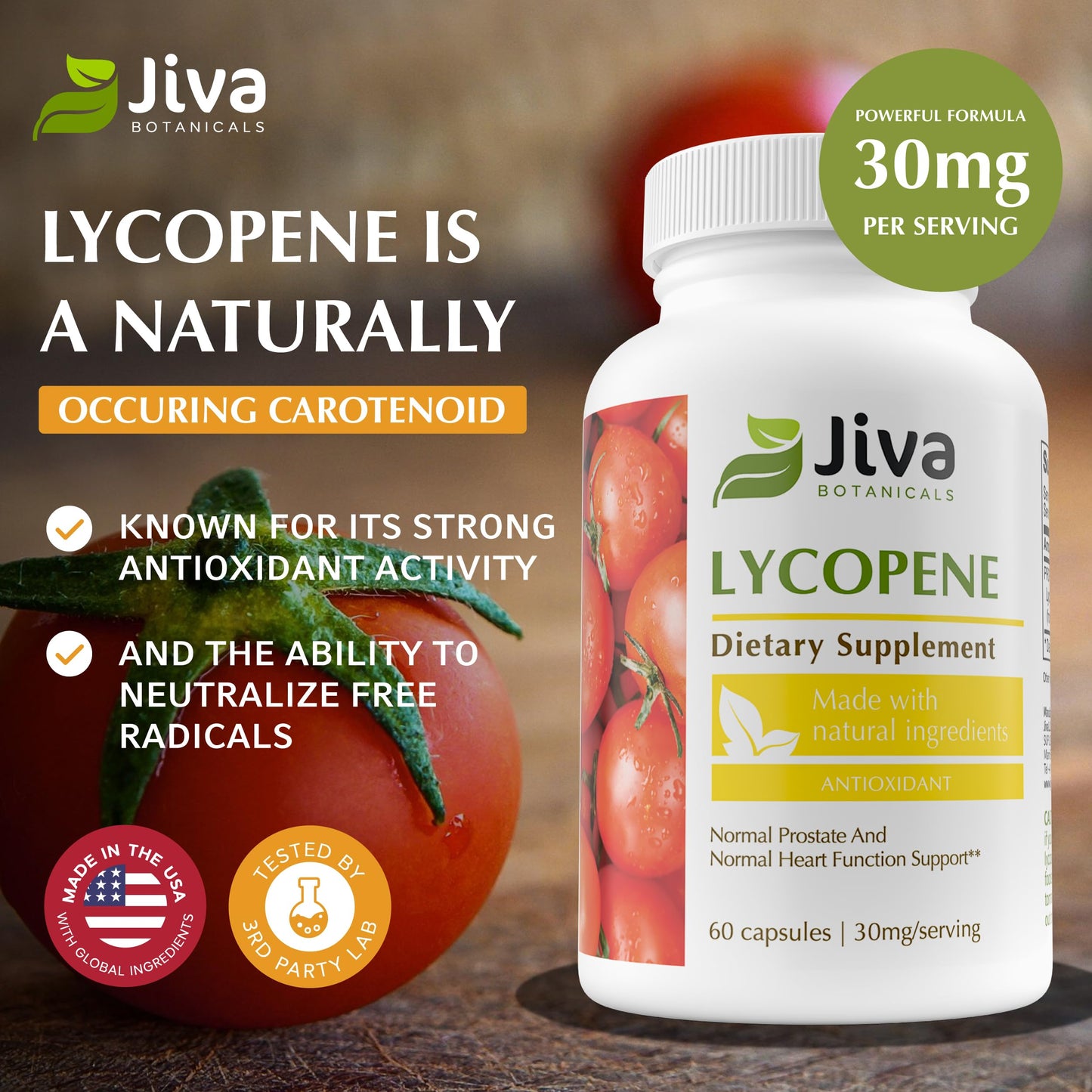 Jiva Botanicals Lycopene 30mg Capsules for Men Prostate Health, Tomato Extract, USA Made, Non-GMO, Vegan, 60 Capsules