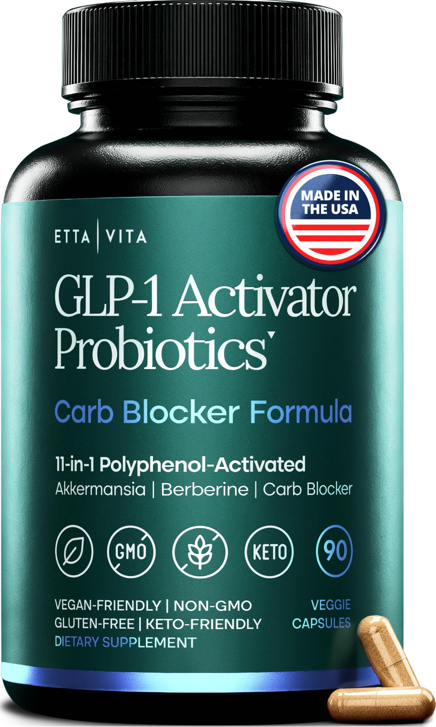 Etta Vita GLP-1 Activator Probiotic Carb Blocker Supplement for Weight Loss, Gut Health, Energy & Metabolic Support – Akkermansia, Berberine, Gymnema, Resveratrol, EGCG & Hops – Appetite Control for Women & Men Capsule, 90 Count