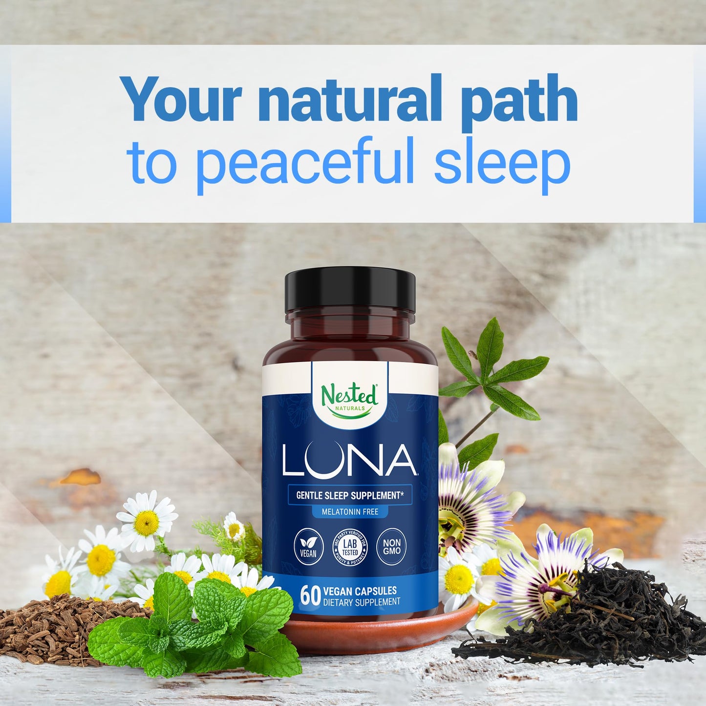 Nested Naturals Luna Melatonin-Free Non-Habit Forming Herbal Sleep Supplement with Chamomile, Valerian, L-Theanine, 120 Capsules