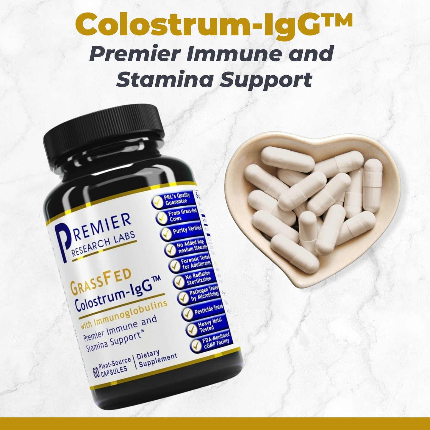 Premier Research Labs Colostrum-IgG Colostrum Supplement, Bovine Colostrum for Humans, Cow Colostrum for Immune Health, Superfood with Lactoferrin, Amino Acids, Nucleotides, 60 Capsules