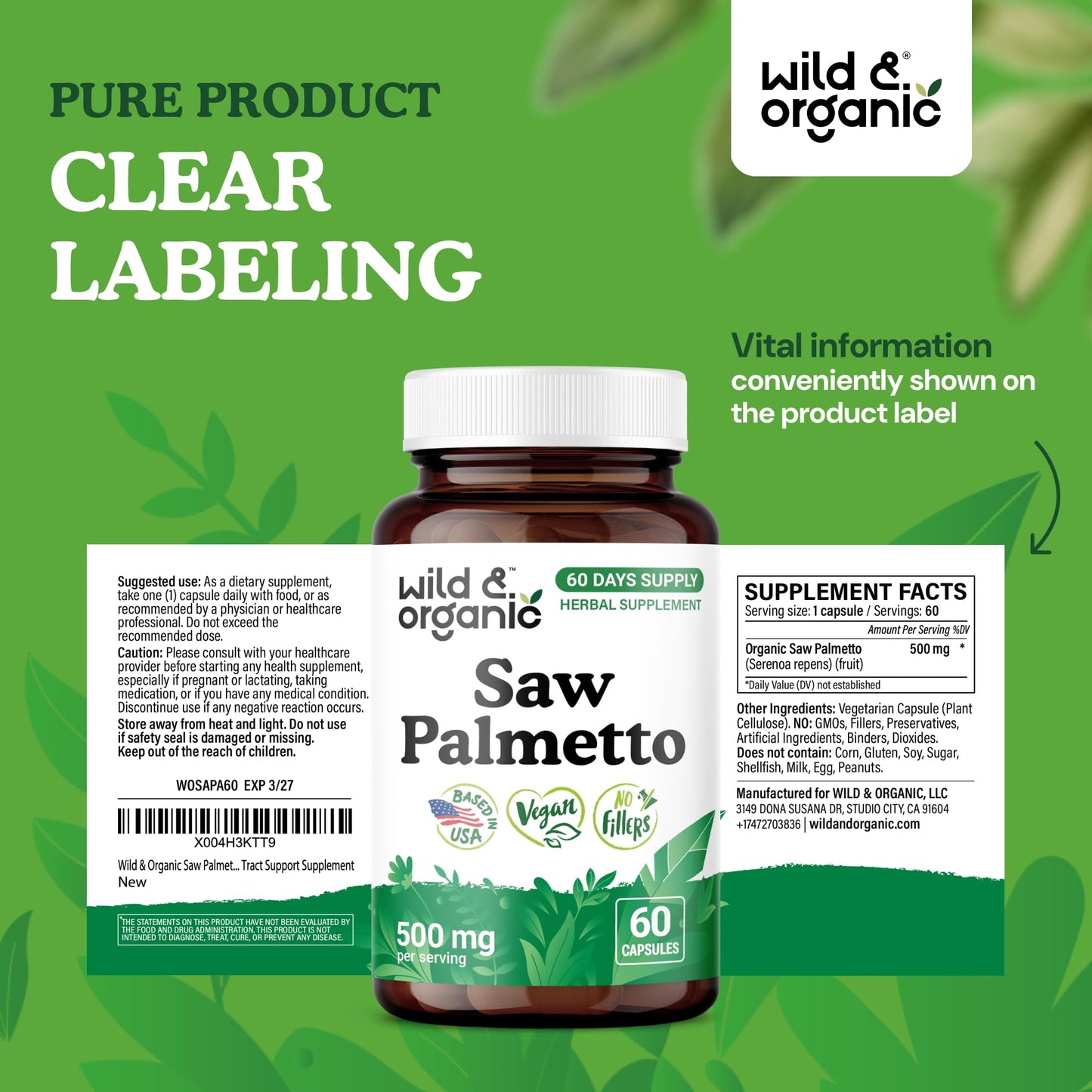 Wild & Organic Saw Palmetto 500 mg Capsules, 60 Count