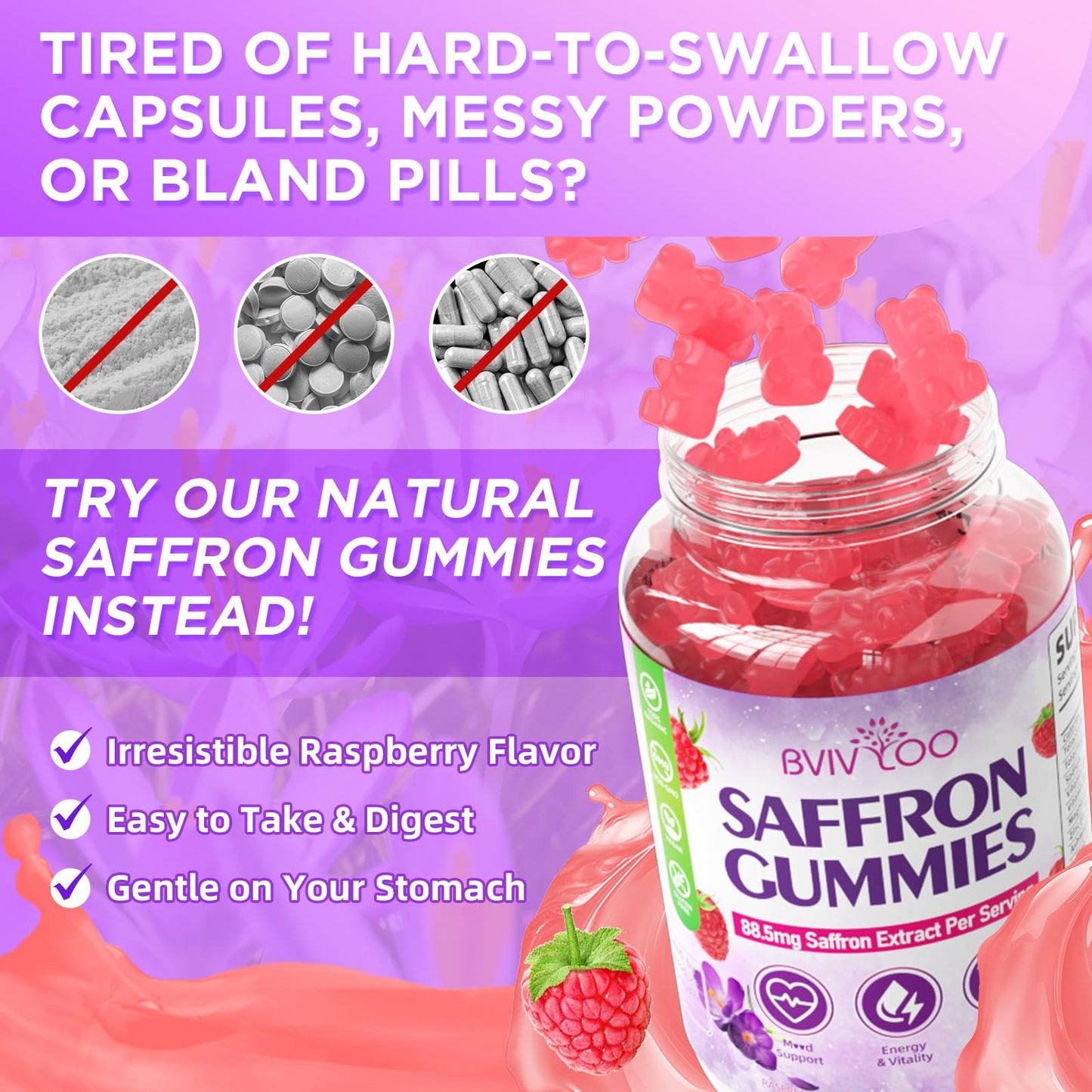 BVIVLOO Saffron Gummies 10-IN-1 Formula with Saffron 88.5mg, Vitamins D3 & B6, Magnesium, Zinc, Ashwagandha, L-Theanine, St. John's Wort, Raspberry Flavor, 60 Count