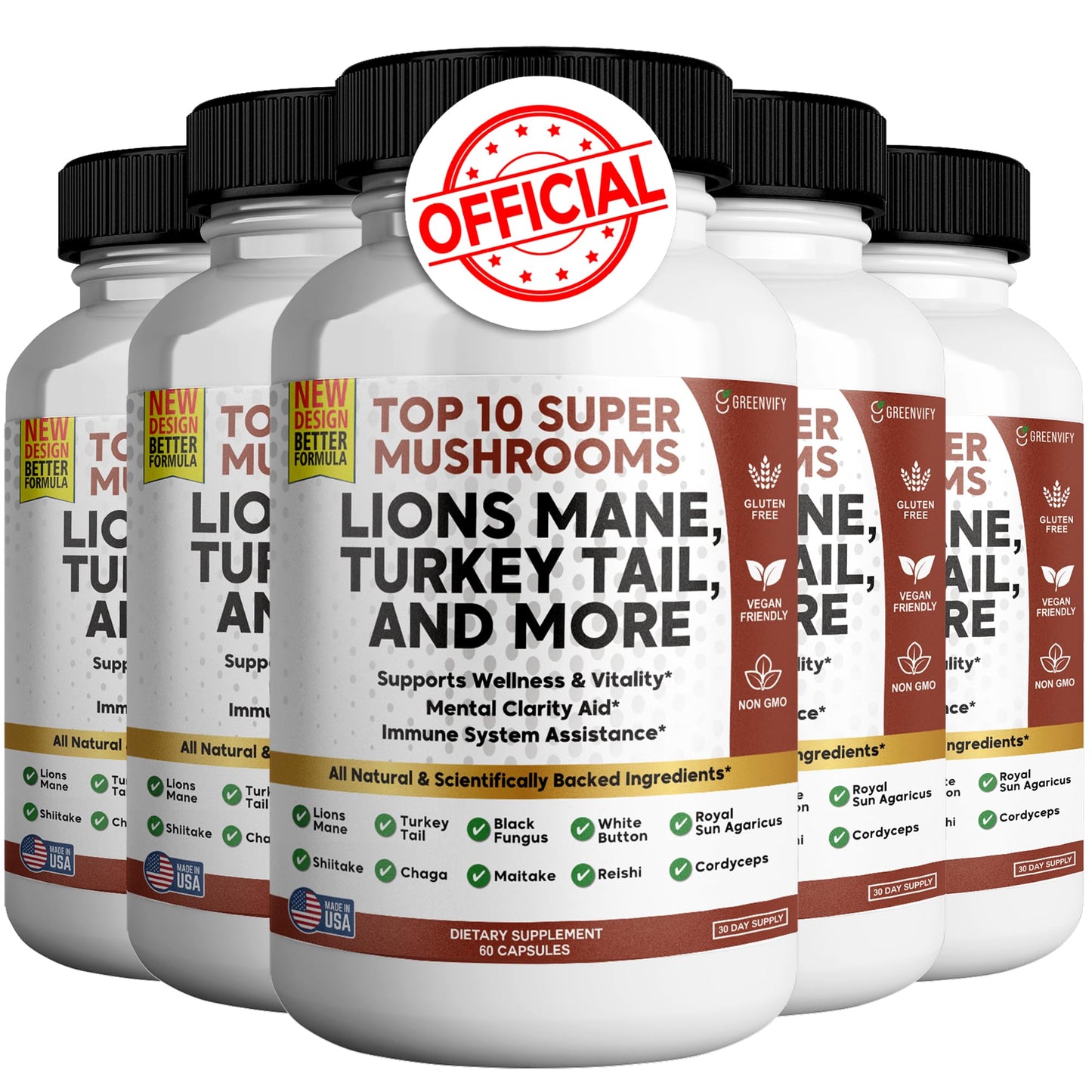 GREENVIFY Lions Mane 10 Super Mushrooms Supplement Capsules 300 Count