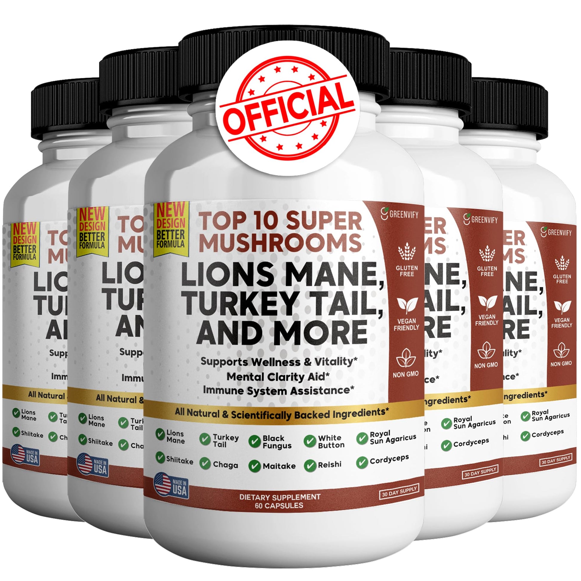 GREENVIFY Lions Mane 10 Super Mushrooms Supplement Capsules 300 Count