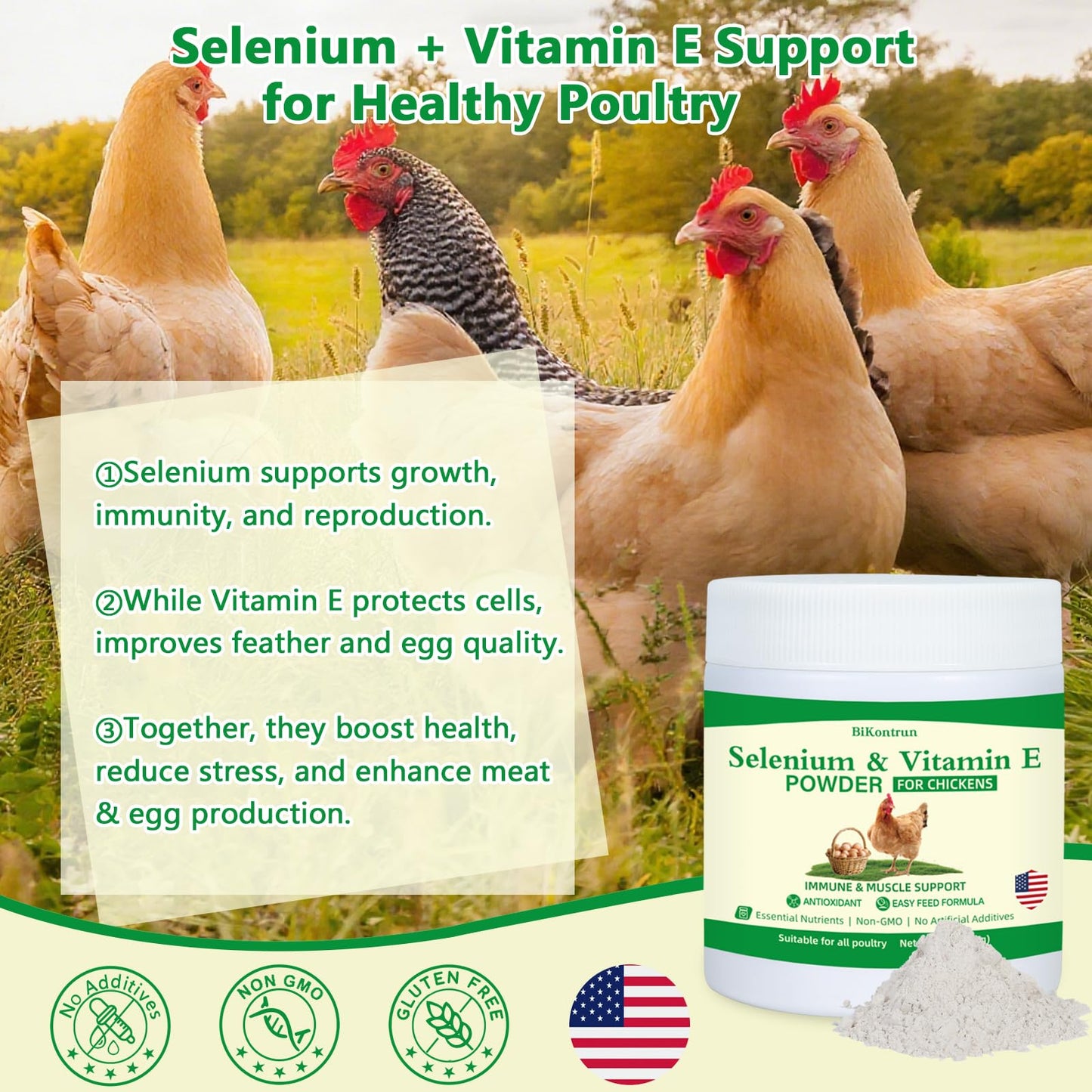 BiKontrun Selenium and Vitamin E Powder for Chickens, Powder, 1