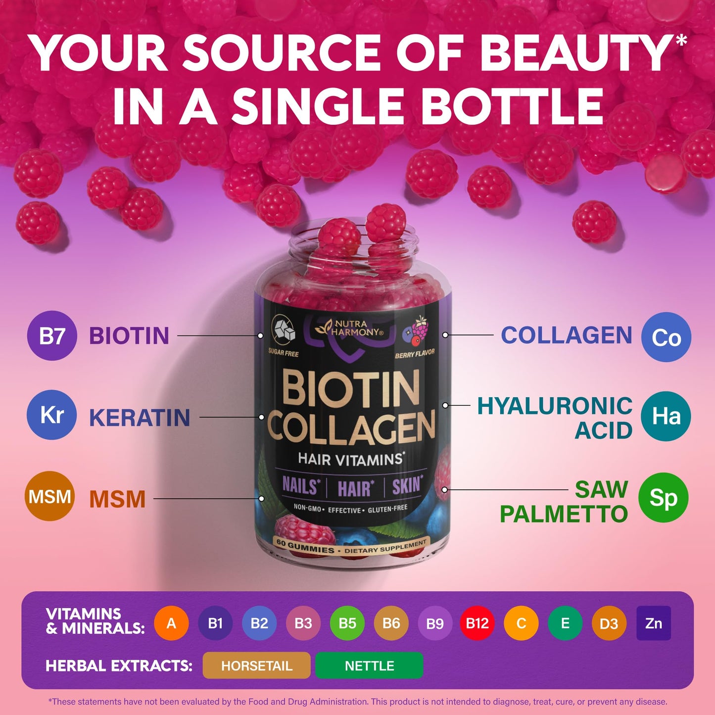 NUTRAHARMONY Biotin Gummies with Collagen for Hair, Skin & Nails - 10000mcg Biotin, Sugar-Free, Mixed Berry, 120 Gummies
