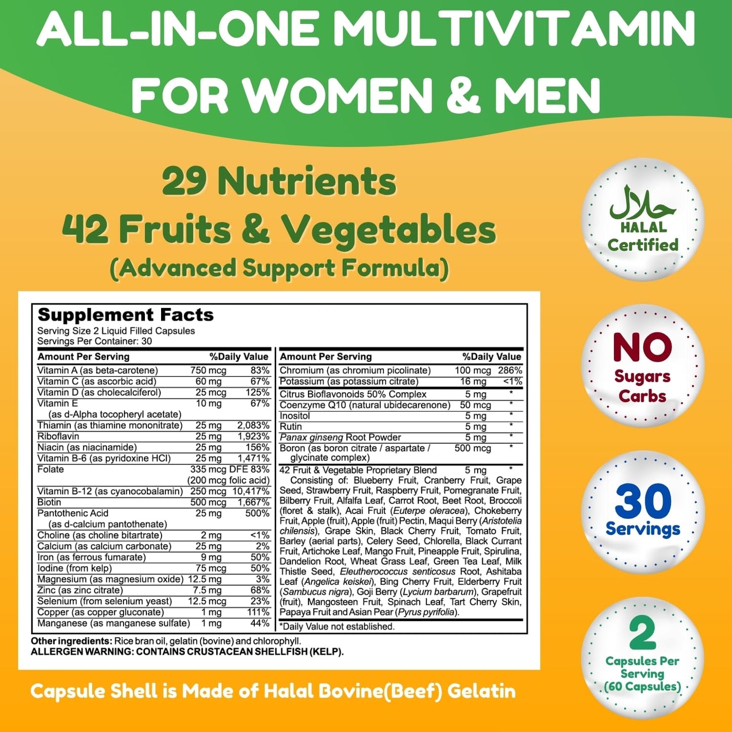 SHIFAA NUTRITION Halal Multivitamins for Women, Men & Adults Capsule 60 Count