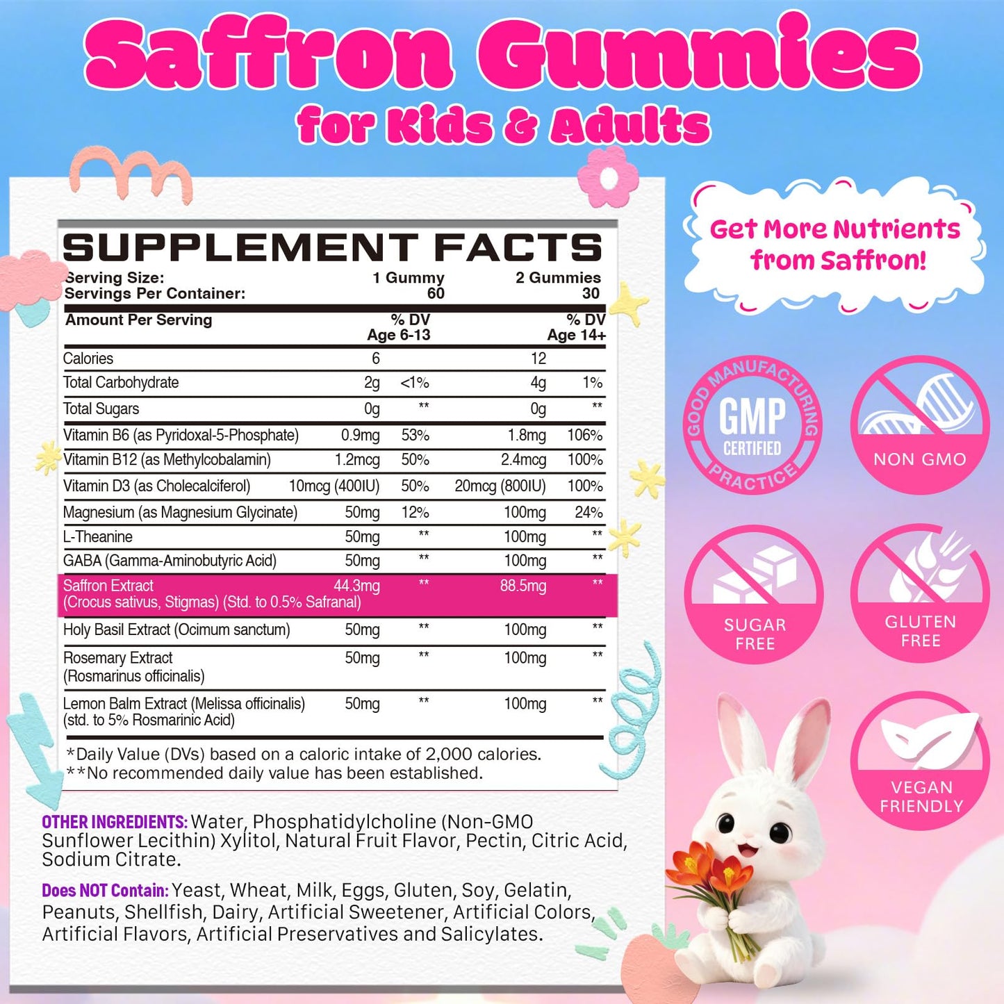 Elysx Saffron Gummies for Kids & Adults with Holy Basil, Rosemary Gummy 60 Count
