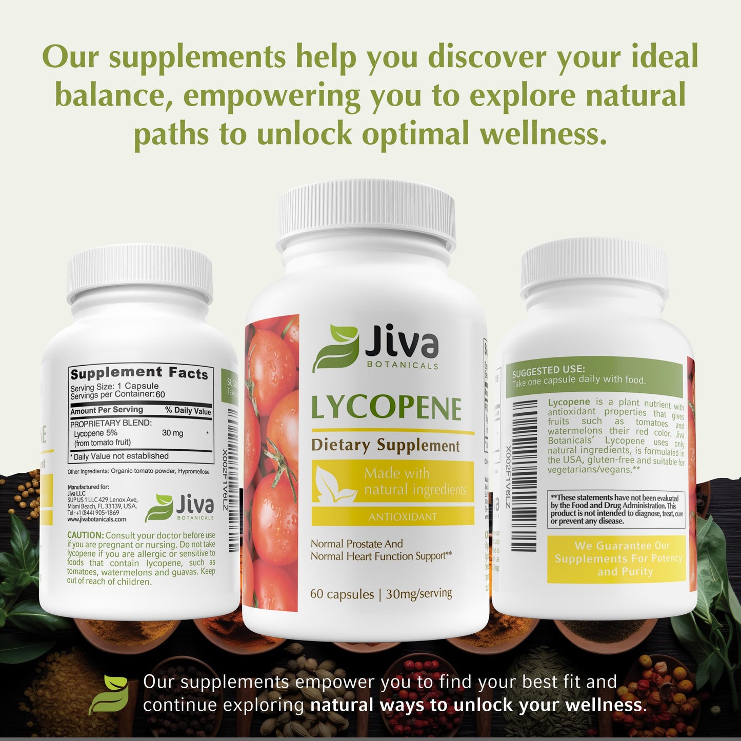 Jiva Botanicals Lycopene 30mg Capsules for Men Prostate Health, Tomato Extract, USA Made, Non-GMO, Vegan, 60 Capsules