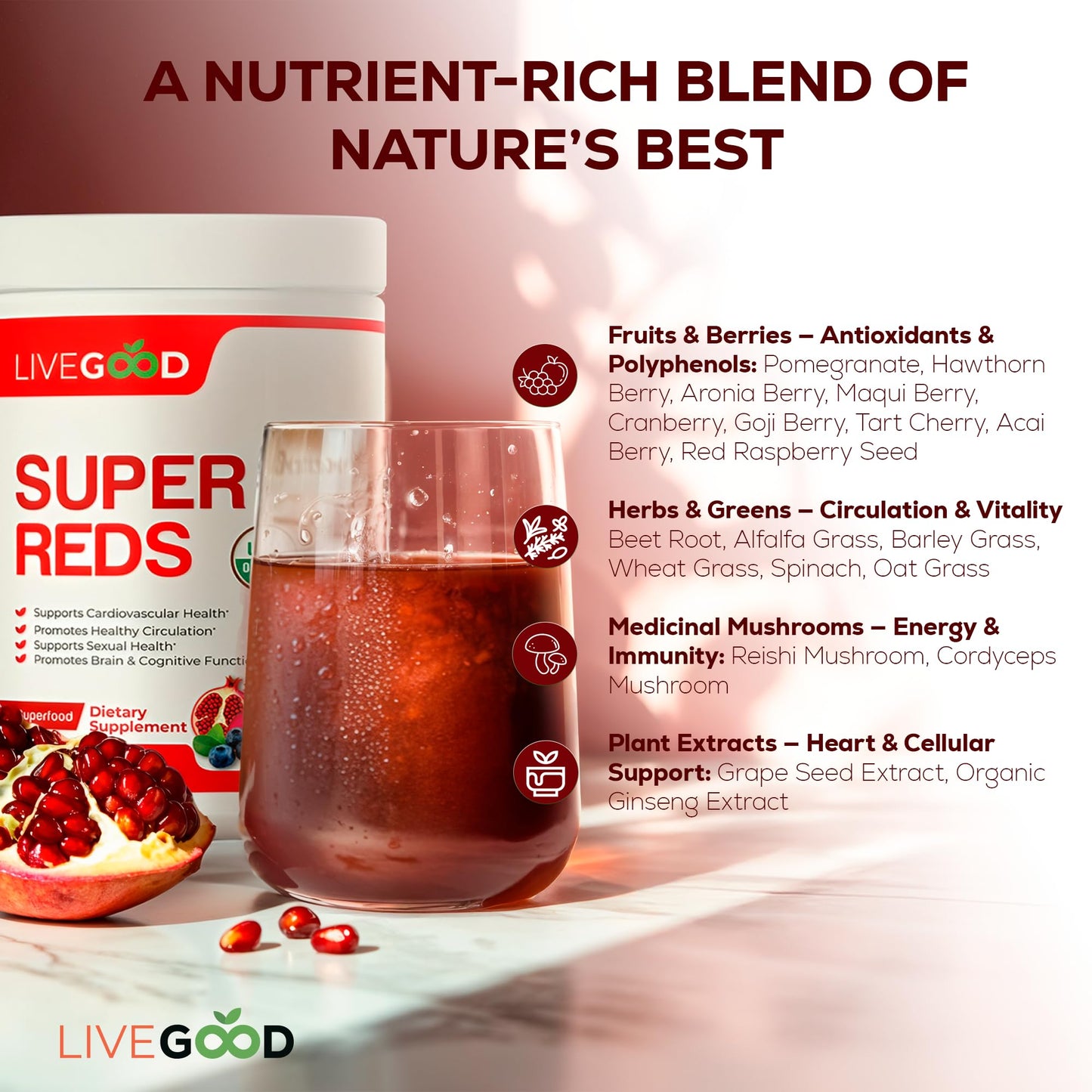LIVEGOOD Super Reds Organic Superfood Powder 7.2 Ounce