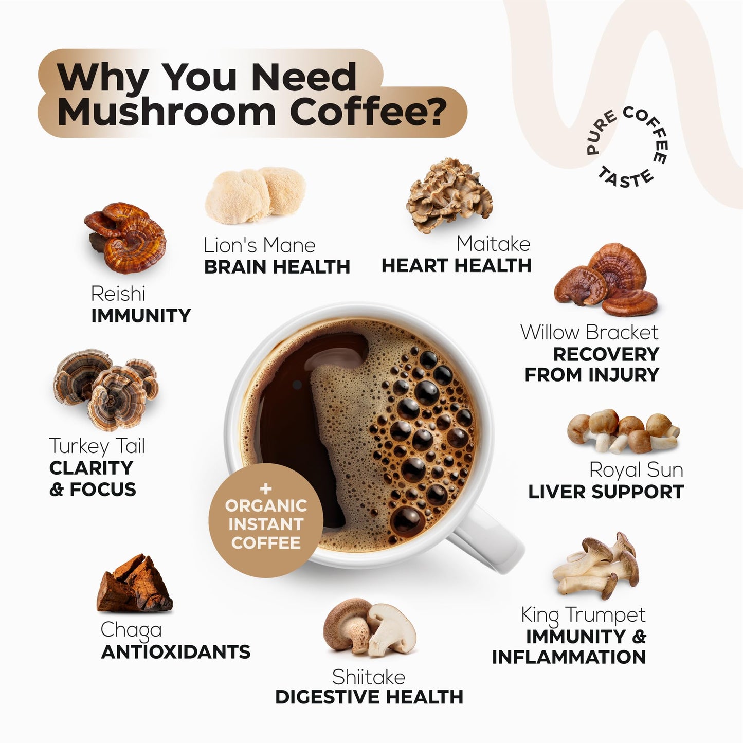 Wellneum Mushroom Coffee - French Roast Style Instant Coffee + Lion’s Mane 900mg for Focus + Reishi, Chaga & Turkey Tail - 10-in-1 Mushrooms Fruiting Body Adaptogen Blend, Sugar Free Powder, 7.4 Ounce (Pack of 1)