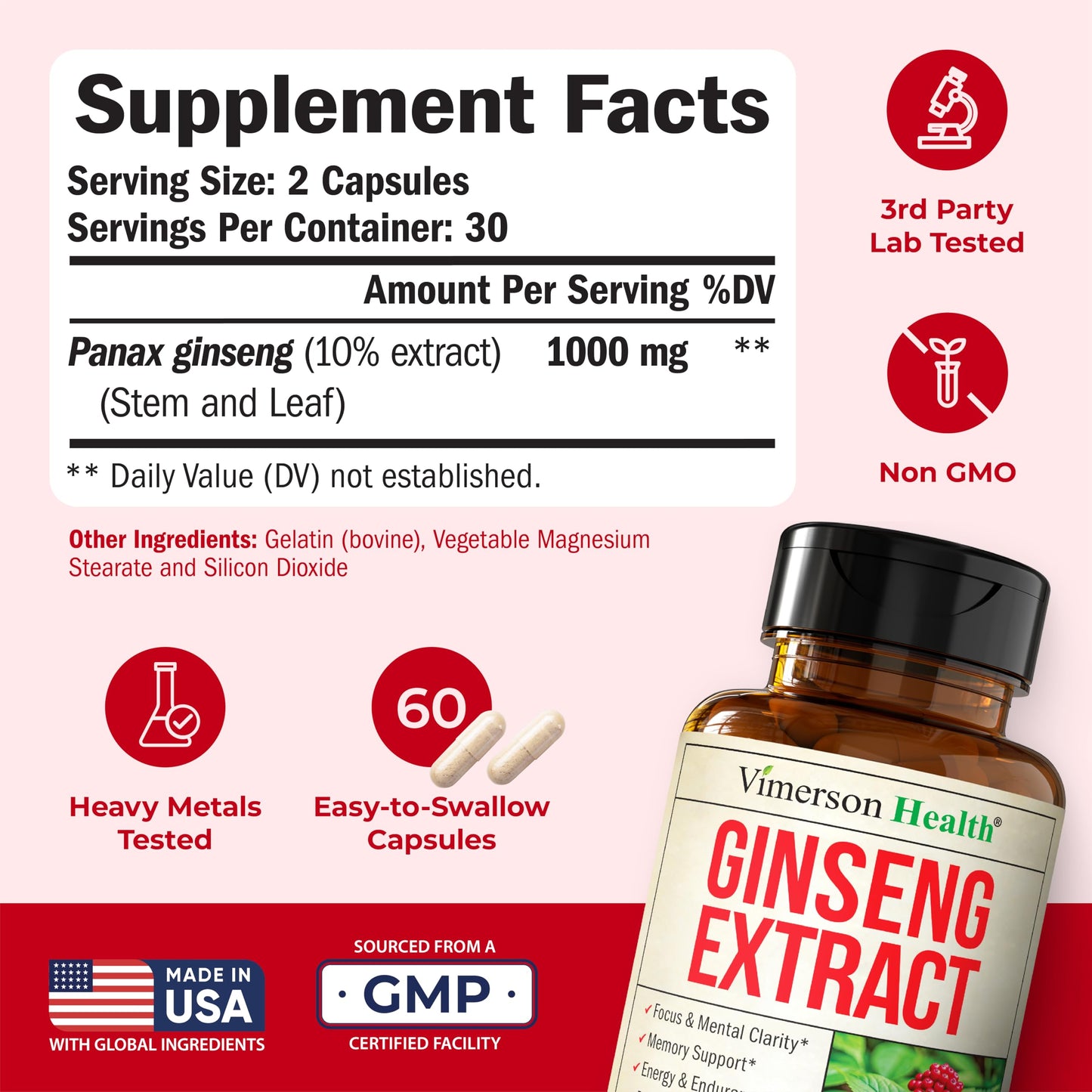 Vimerson Health Panax Ginseng 1000mg Capsule, 60 Count