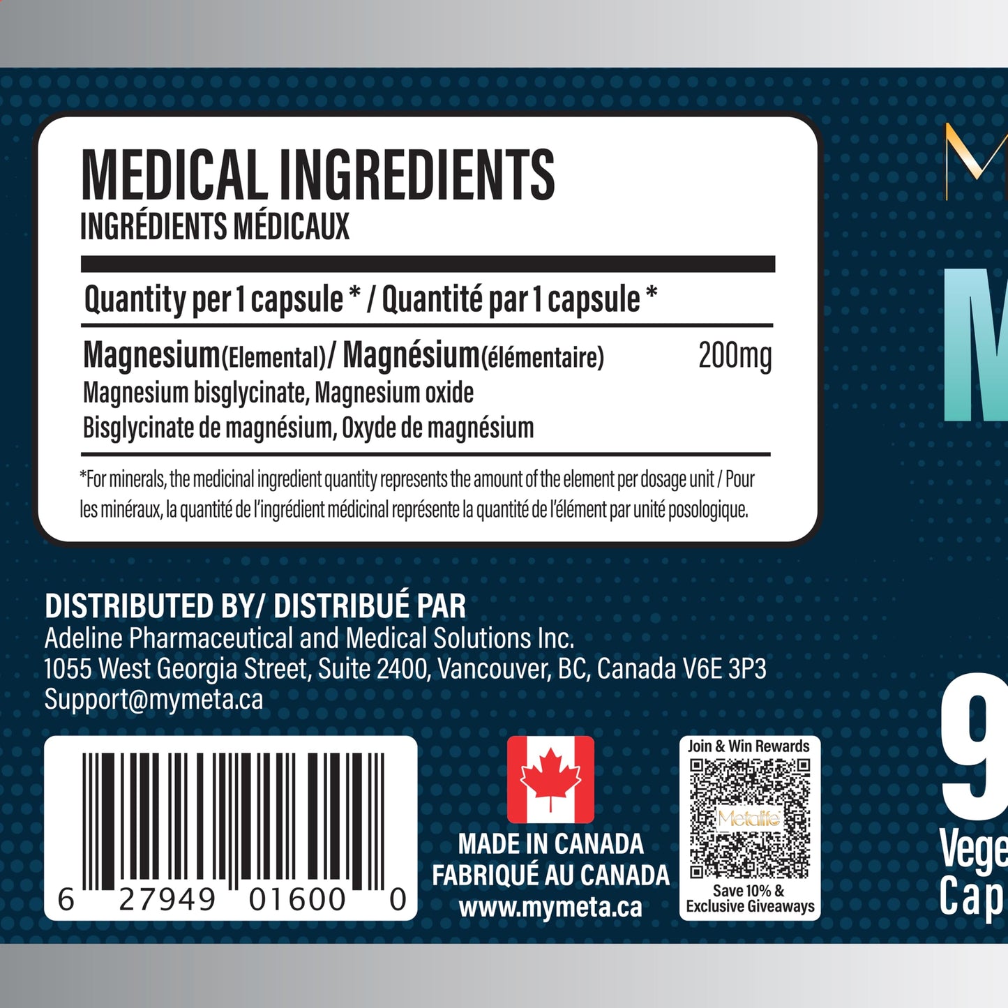 METALIFE Magnesium Bis-Glycinate + Oxide – 200 mg Elemental Magnesium – High Absorption – Vegetarian Capsules – Non-GMO, Gluten-Free – Made in Canada, 90 Capsules