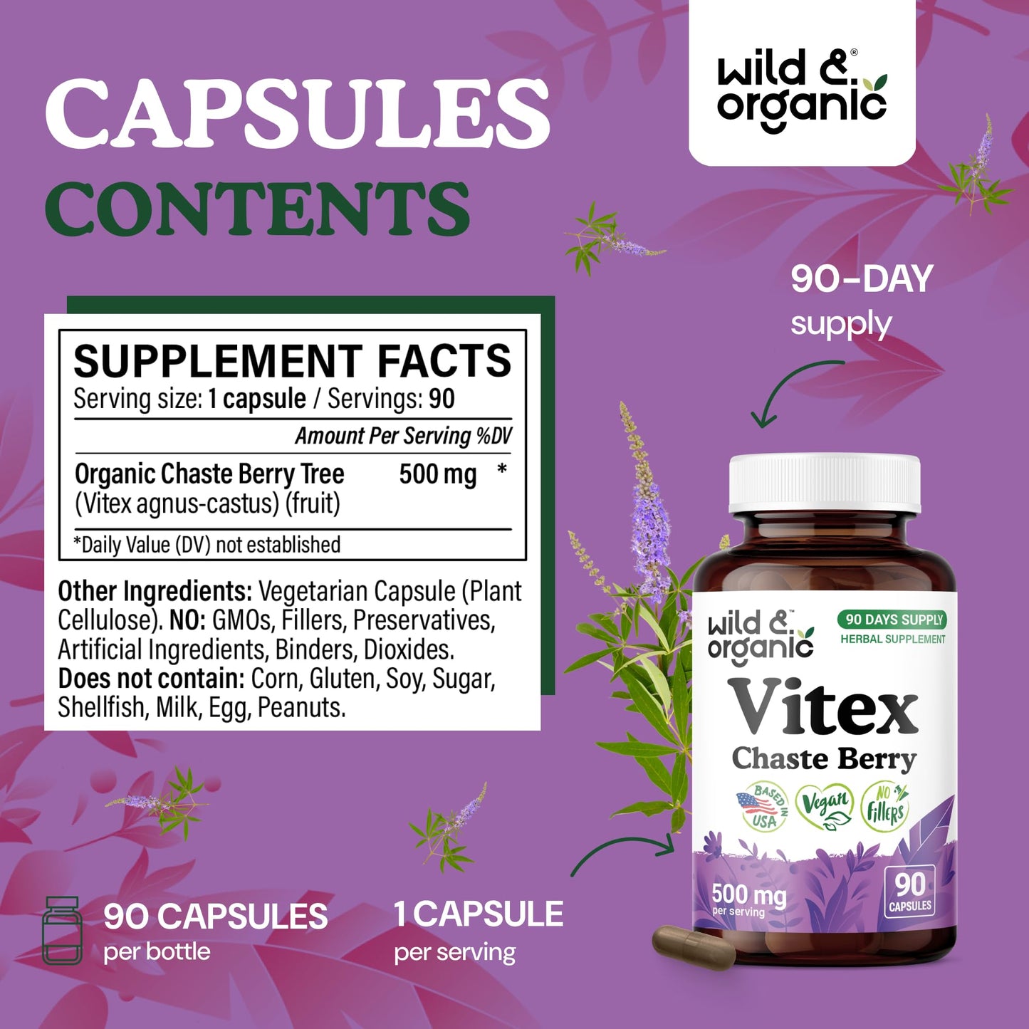 Wild & Organic Vitex Chasteberry Supplement for Women Capsule, 90 Count
