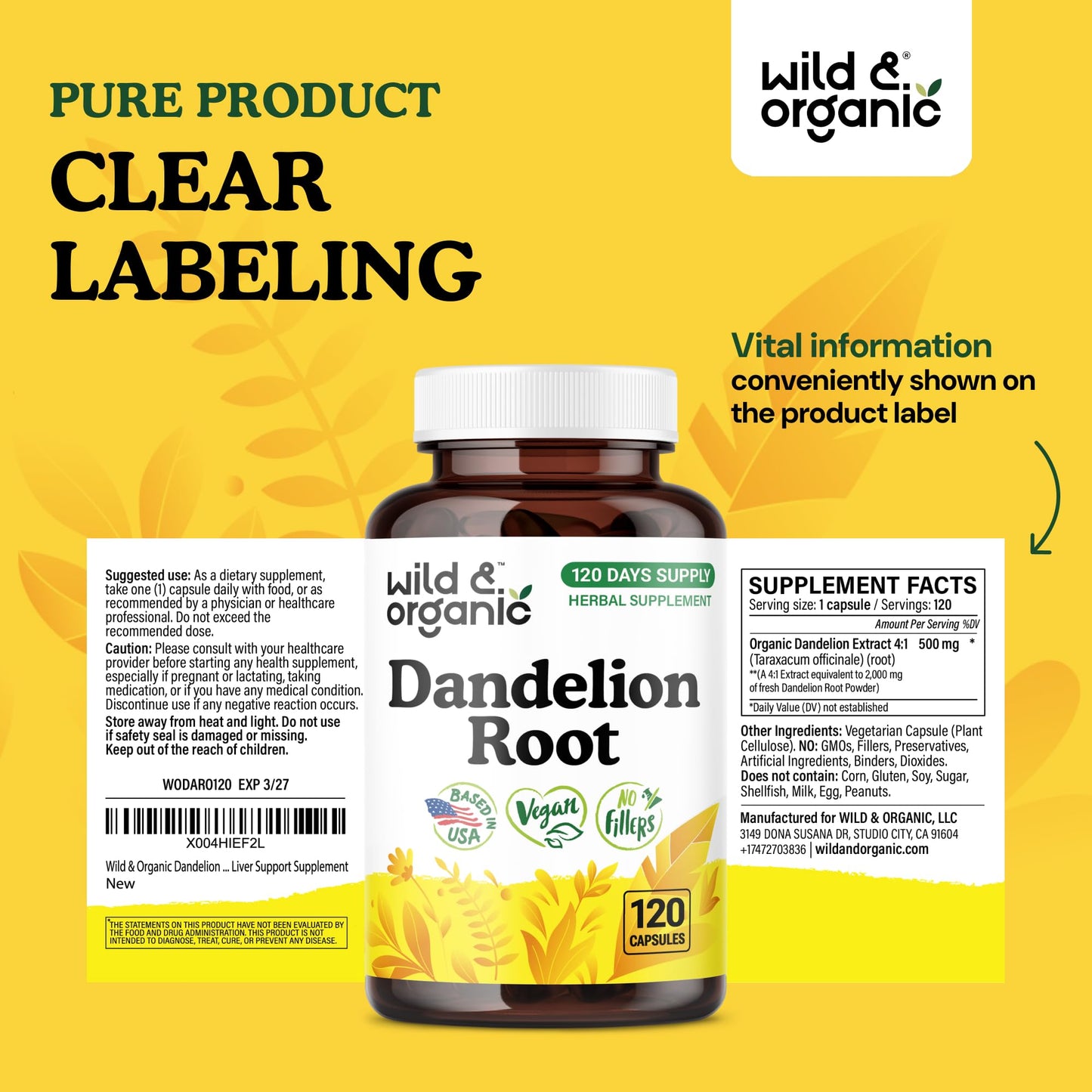 Wild & Organic Dandelion Root Capsules 120 Count
