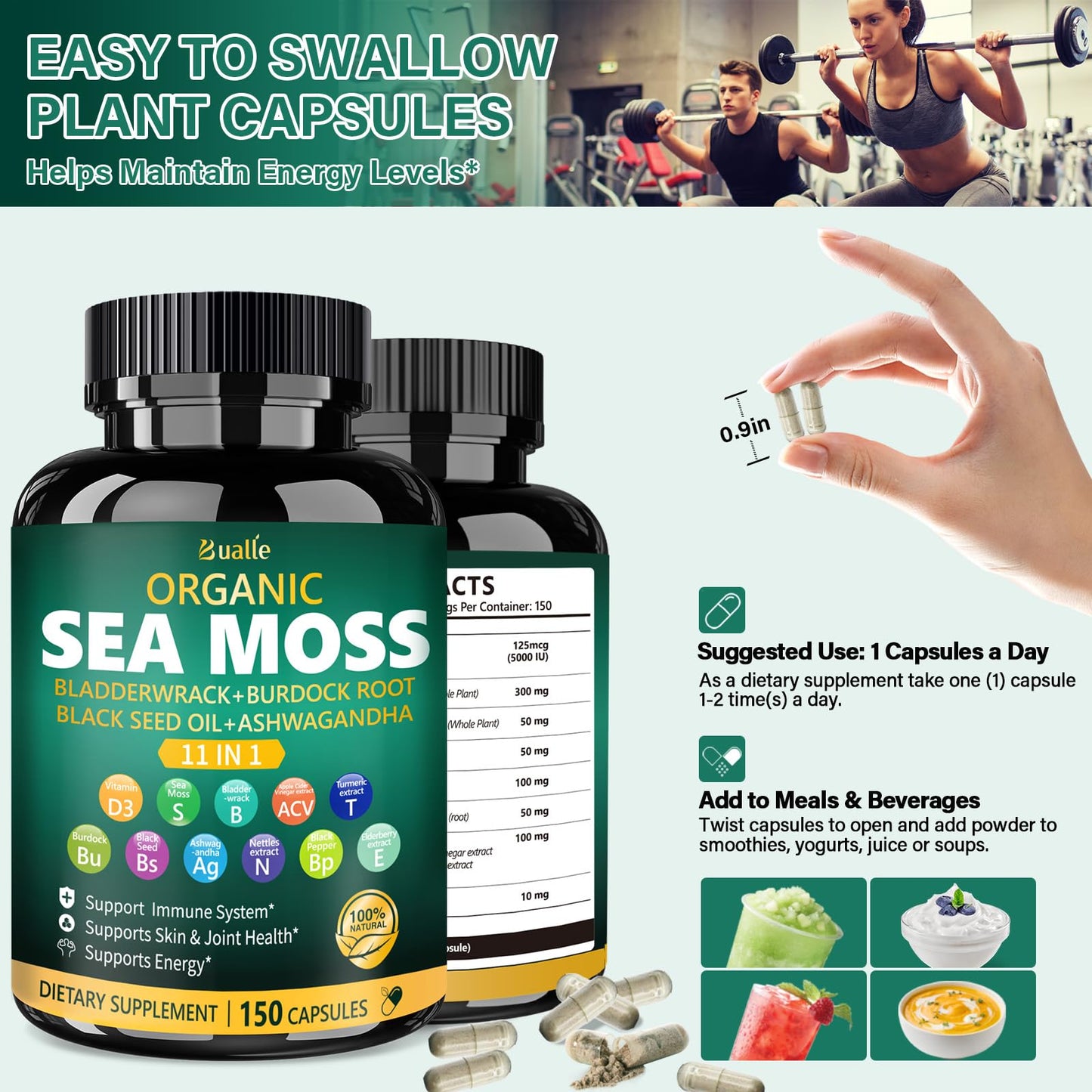 Bualle Organic Sea Moss Capsules, 150 Count