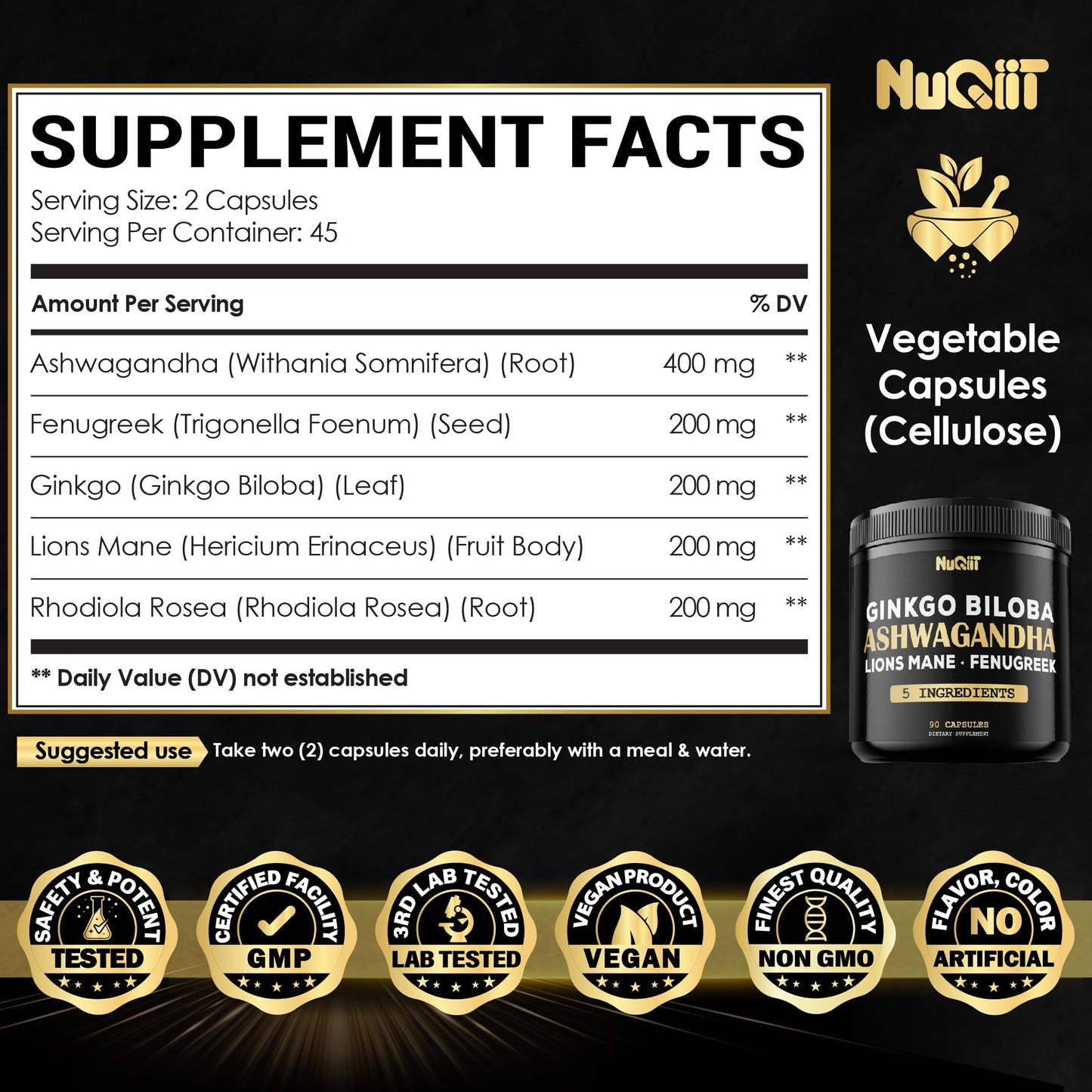 NUQIIT Ashwangdha Capsules with Fenugreek Seed, Ginkgo Biloba & More, 90 Capsules