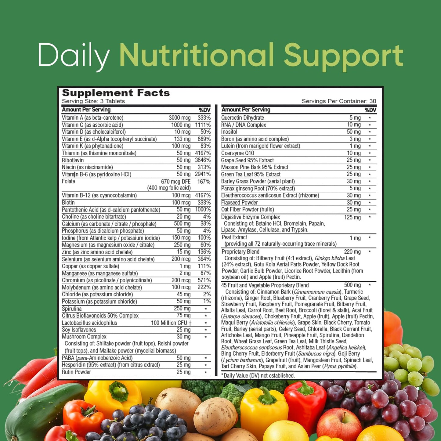 BioSource Labs Vibrant Life Multivitamin with Probiotics, Digestive Enzymes & B-Complex – Over 45 Fruits and Veggies, Non-GMO, Gluten-Free, Daily Vitamins & Minerals for Men & Women 90 Tablets