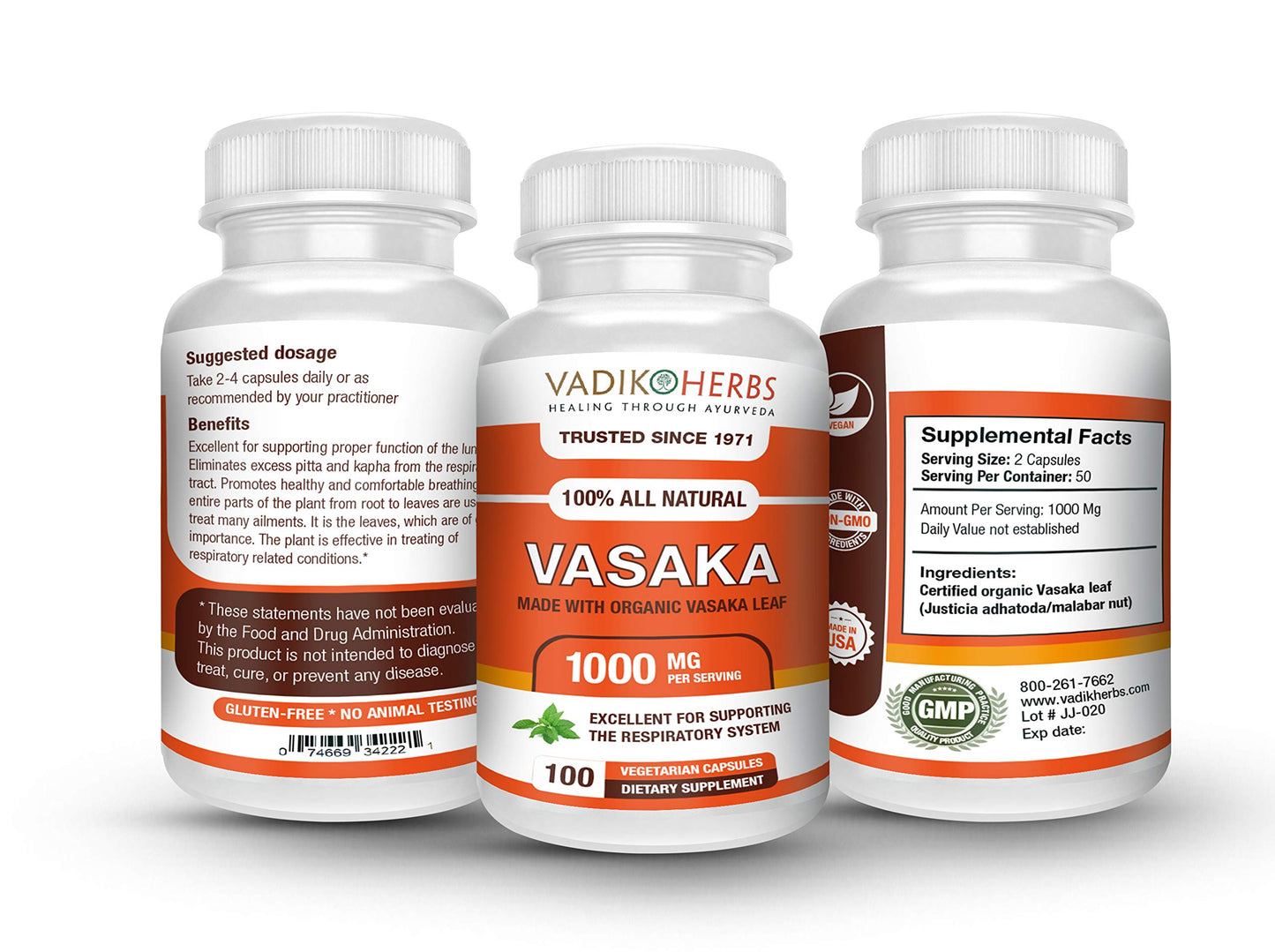 Vadik Herbs Certified Organic Vasak Vasaka (Justicia adhatoda) Powder, 100 Vegicaps