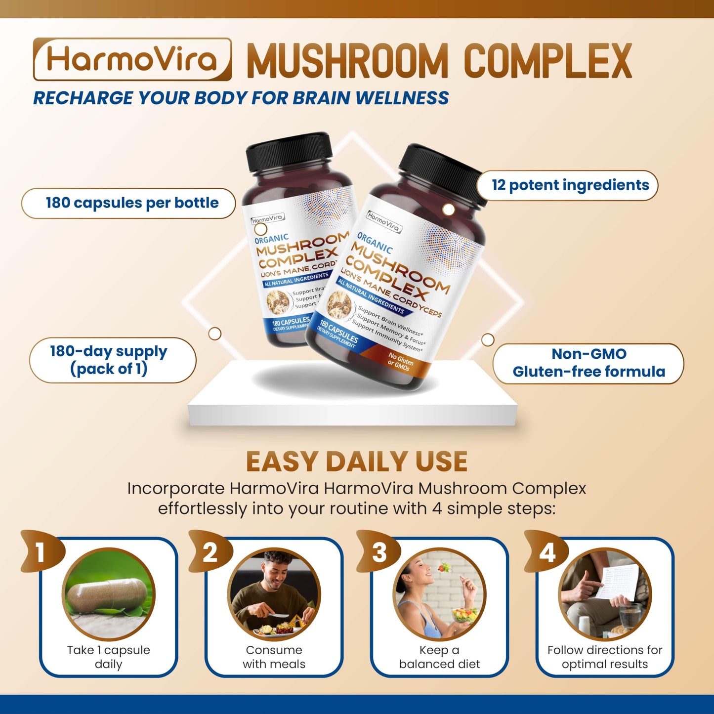 HarmoVira Organic Mushroom Complex with Lion's Mane, Cordyceps & Turkey Tail – Brain, Memory & Immune Support – Capsules, 150 Count