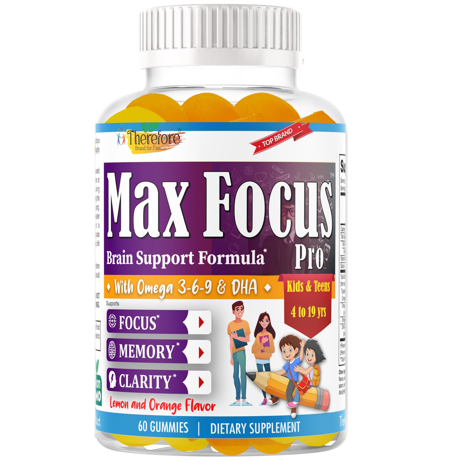 Therefore Max Focus Gummies for Kids & Teens with Omega-3 DHA, 60 Gummies
