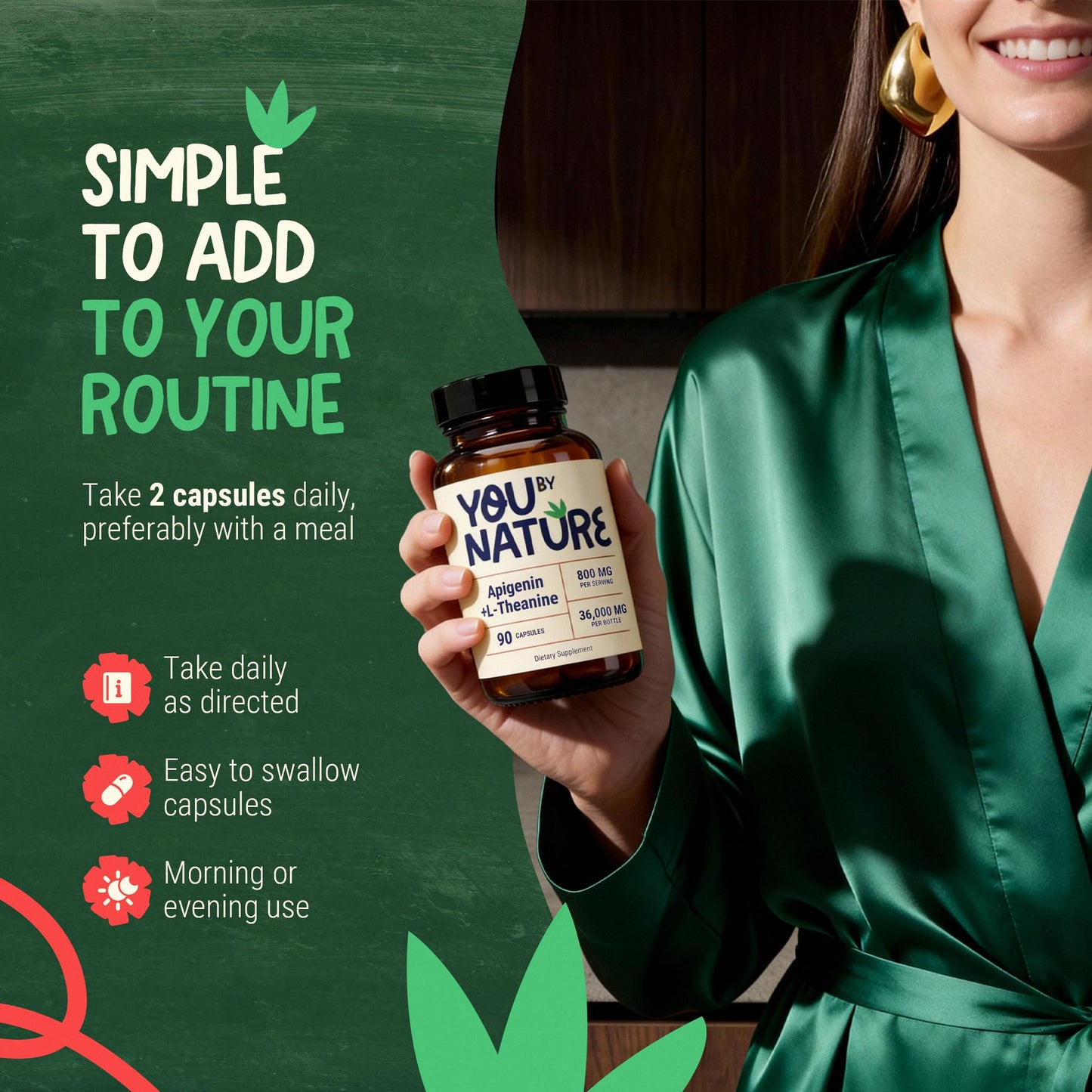 YOUBYNATURE Apigenin 200mg with L-Theanine 600mg Nighttime Supplement Veggie Capsules 90 Count