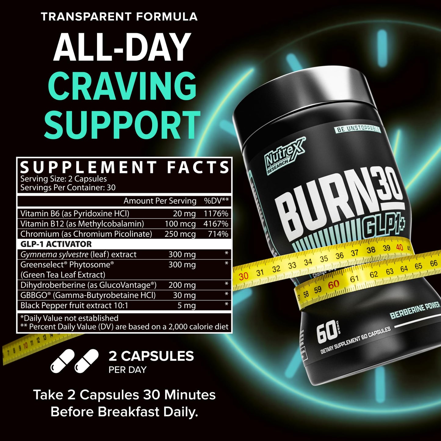 Nutrex Research BURN30 GLP-1 Supplement Capsule, 60 Count