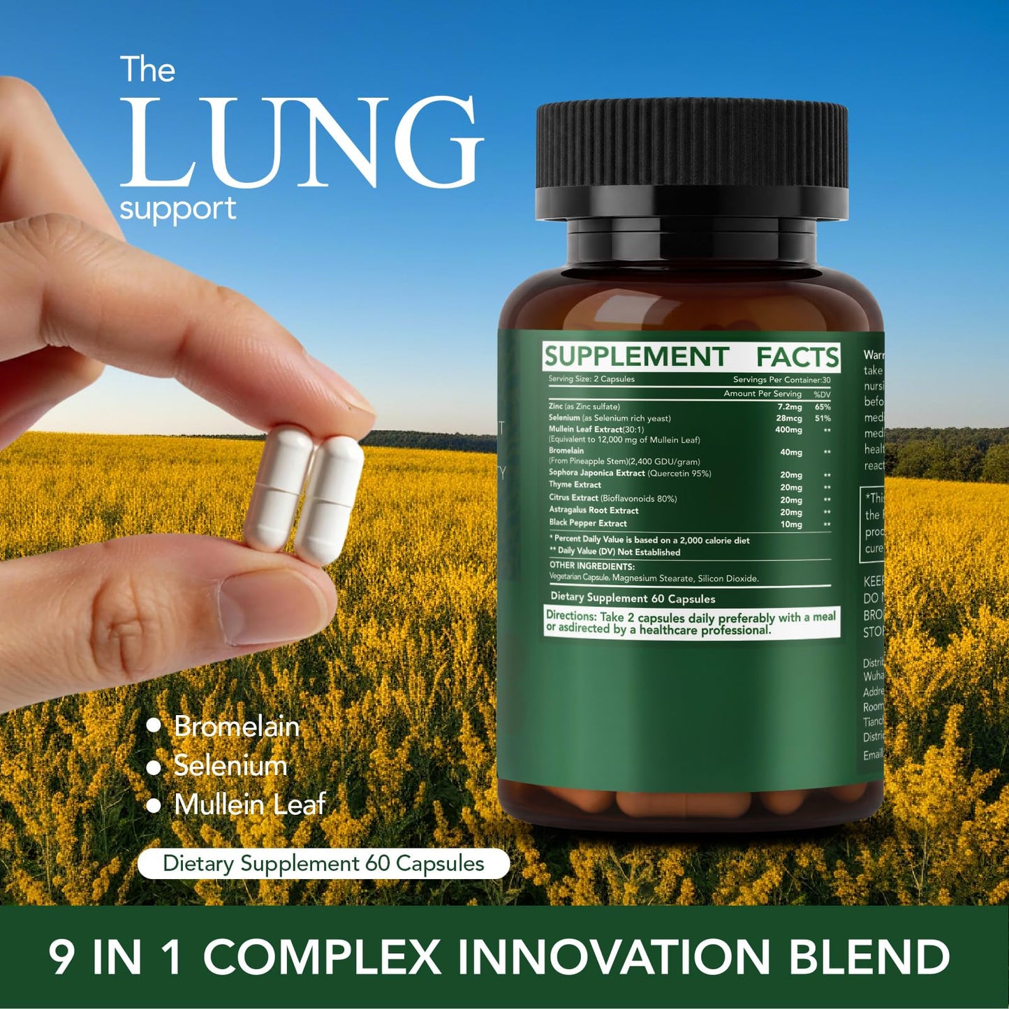 Marellya Lung Cleanse & Detox Supplement – 9-in-1 30:1 Mullein Leaf Capsules for Lungs with Quercetin & Bromelain – Supports Respiratory Wellness & Lung Health, 60 Vegetarian Capsules