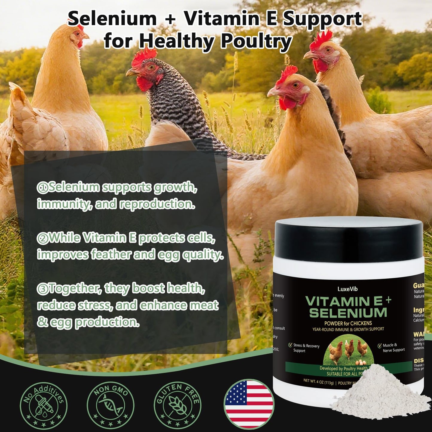 LuxeVib Selenium & Vitamin E Powder for Chickens, 1 Ounce