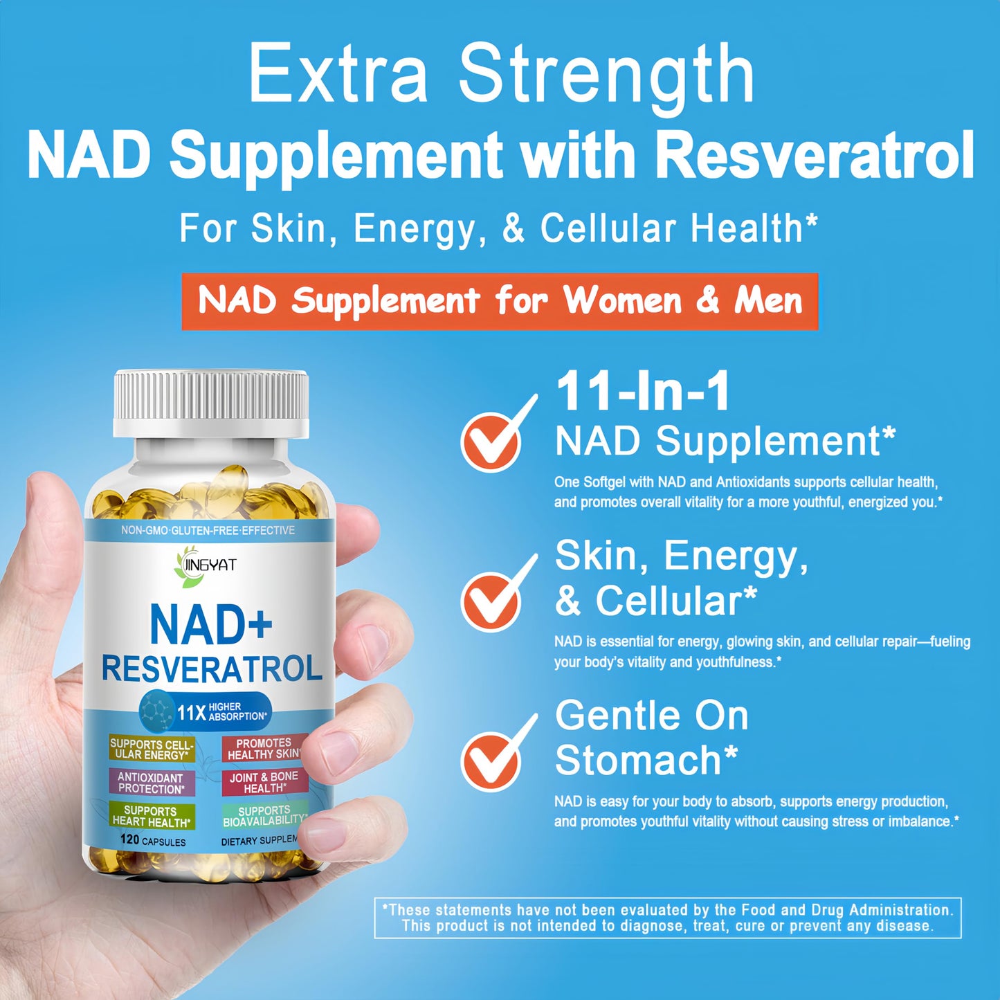 JINGYAT 11-in-1 NAD Supplement with Resveratrol, CoQ10, Quercetin, Collagen, Grape Seed for Cellular Energy, Mental Focus & Antioxidant Support Softgels 120