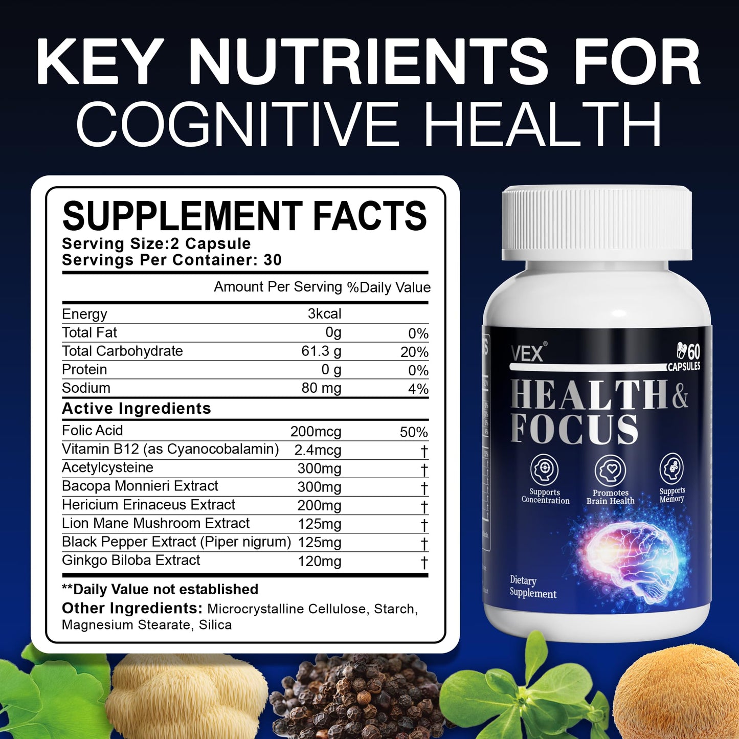 VEX Brain Supplements for Memory and Focus Capsule, 60 Count