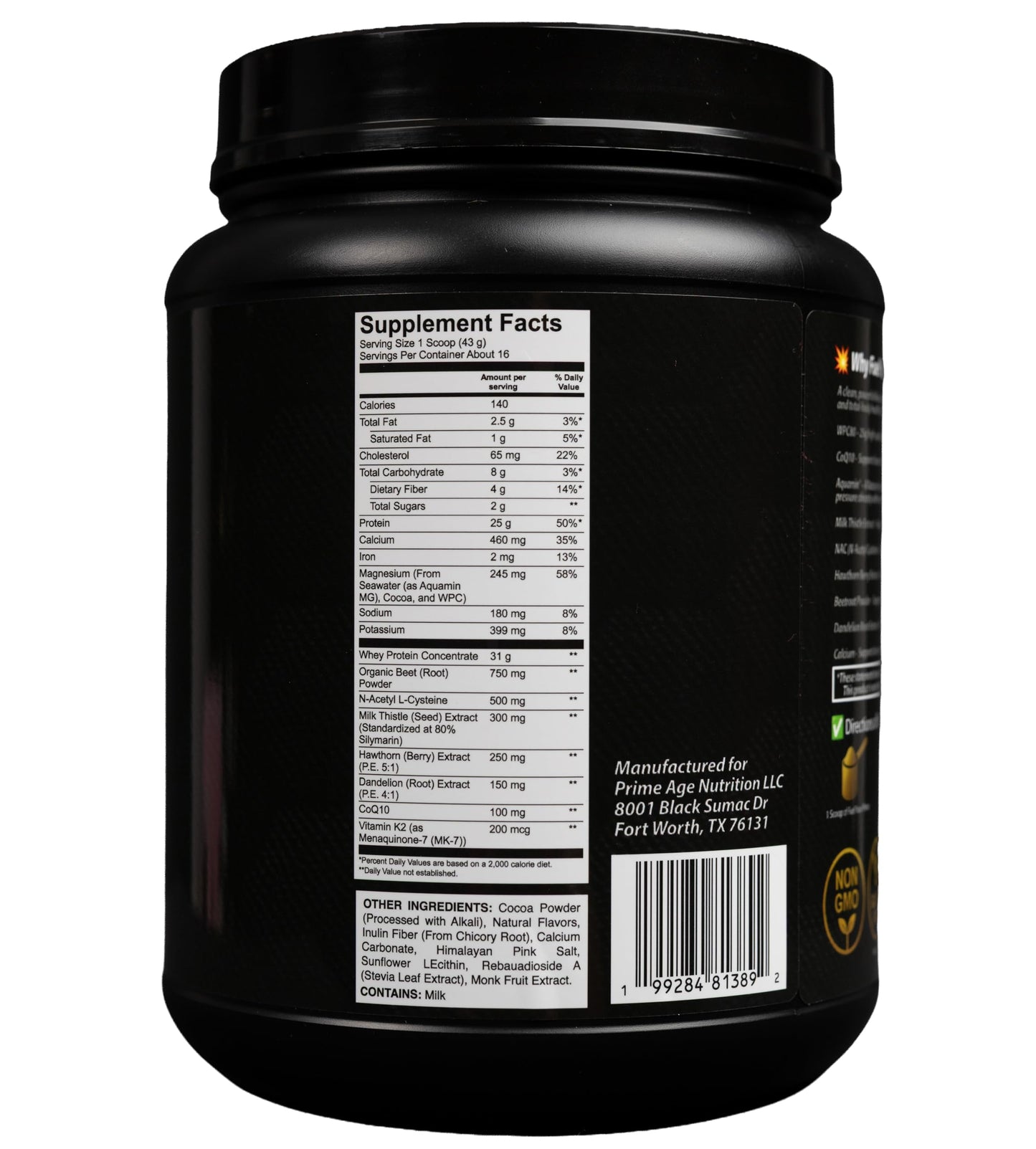 Prime Age Nutrition Whey Protein Powder, Chocolate Flavor, with CoQ10 and Magnesium, Supports Circulation & Liver Function, 24.4 oz