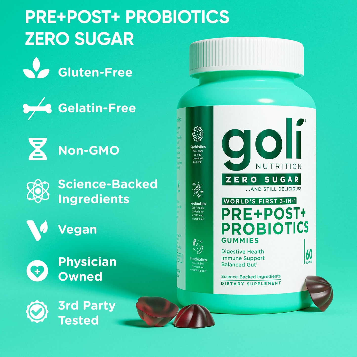 Goli Zero Sugar Pre Pro Postbiotic Gummies, 300 Count