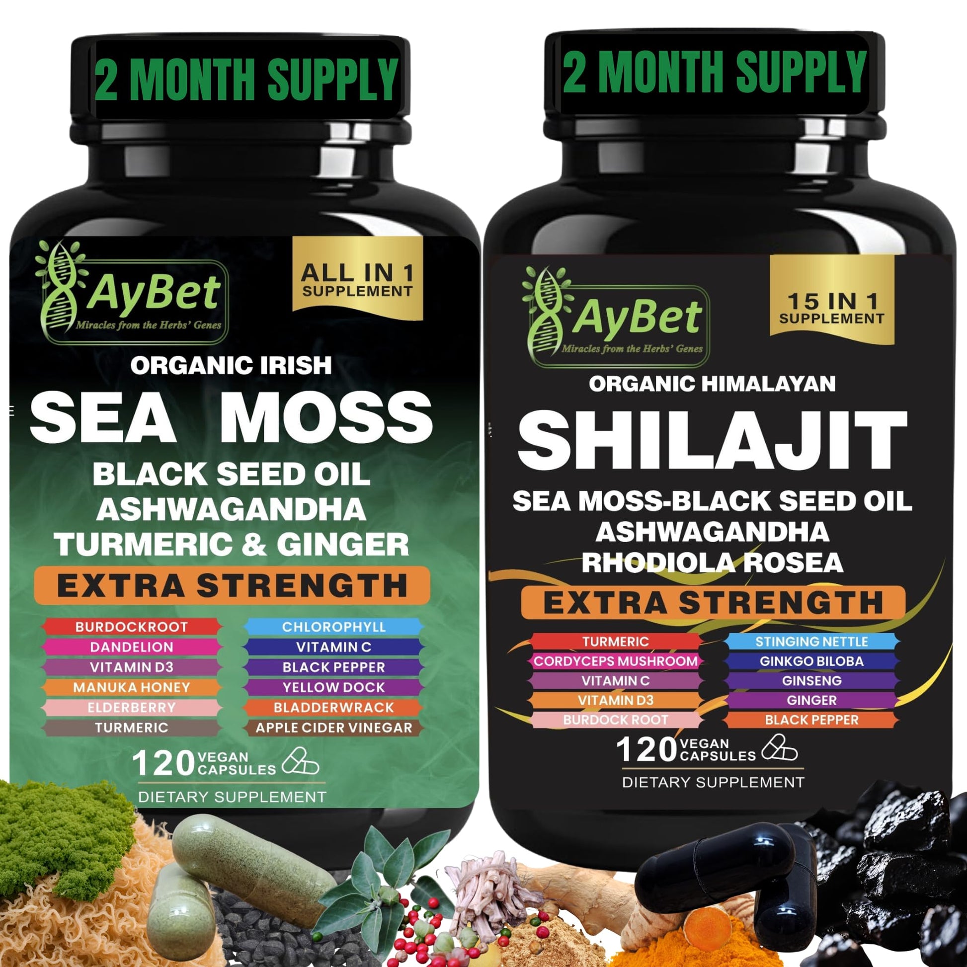 AyBet Sea Moss & Himalayan Shilajit Supplement Combo – Herbal Formula with Black Seed Oil, Ashwagandha, Rhodiola, Turmeric, Ginger – Mineral, Antioxidant Support – Organic, Halal, Vegan Capsules, 240 Count