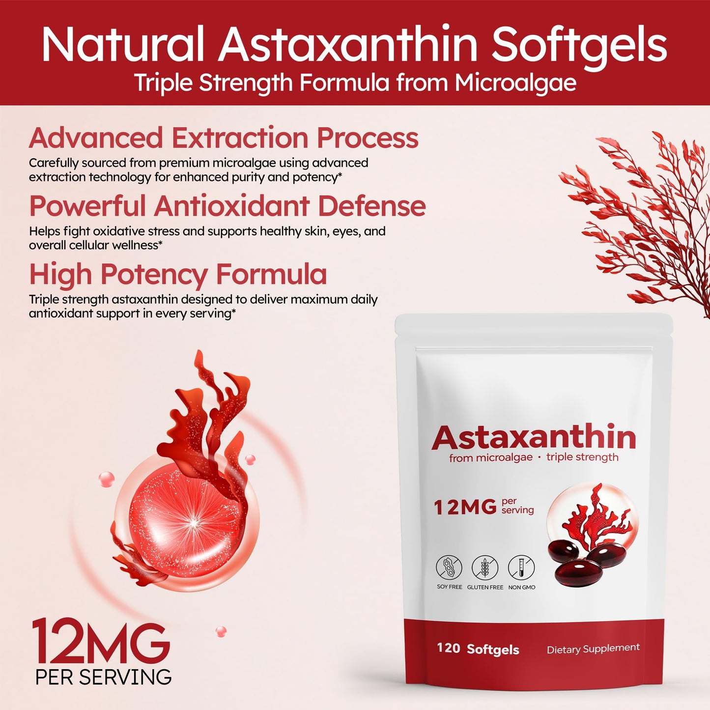 PUUR LIFE Premium Astaxanthin 12mg Capsules, 120 Count