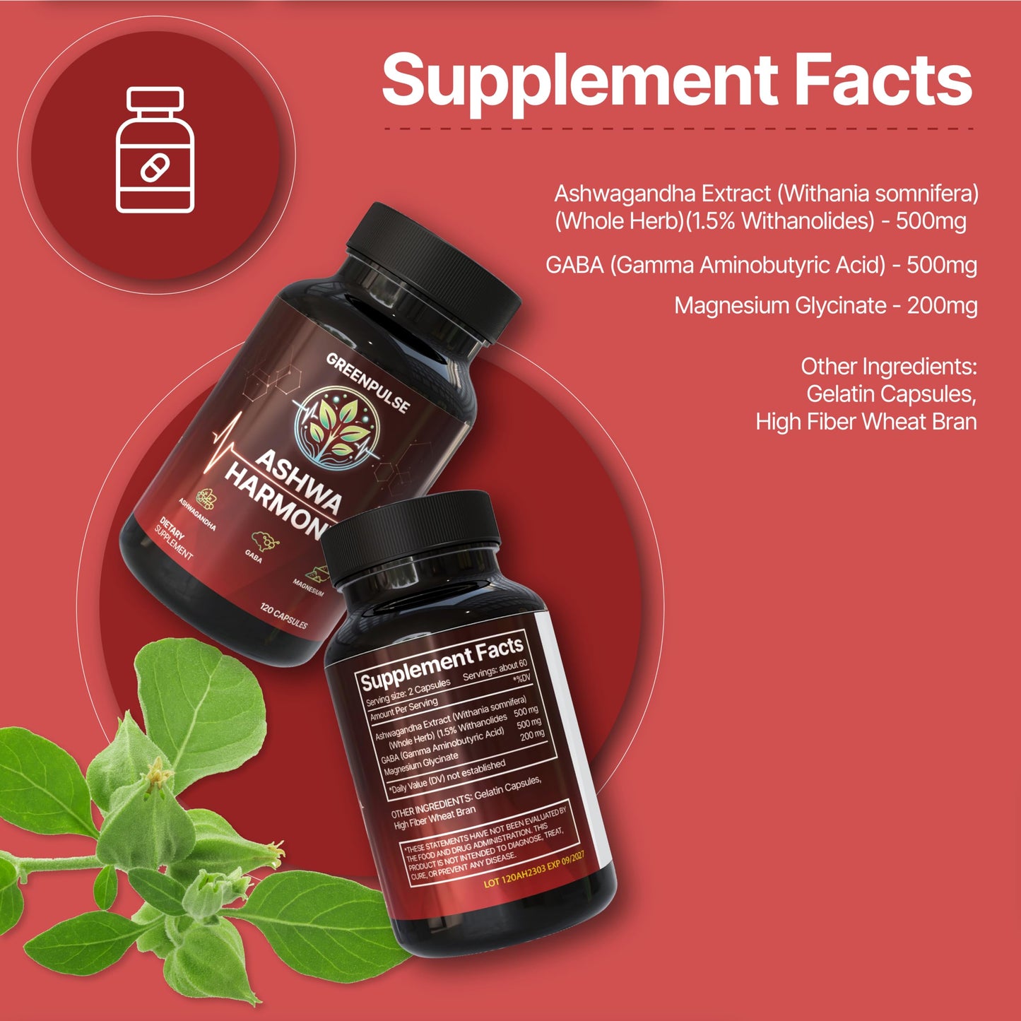 GREENPULSE Ashwa Harmony Adaptogenic Blend with Ashwagandha, GABA, Magnesium Glycinate, 120 Capsules