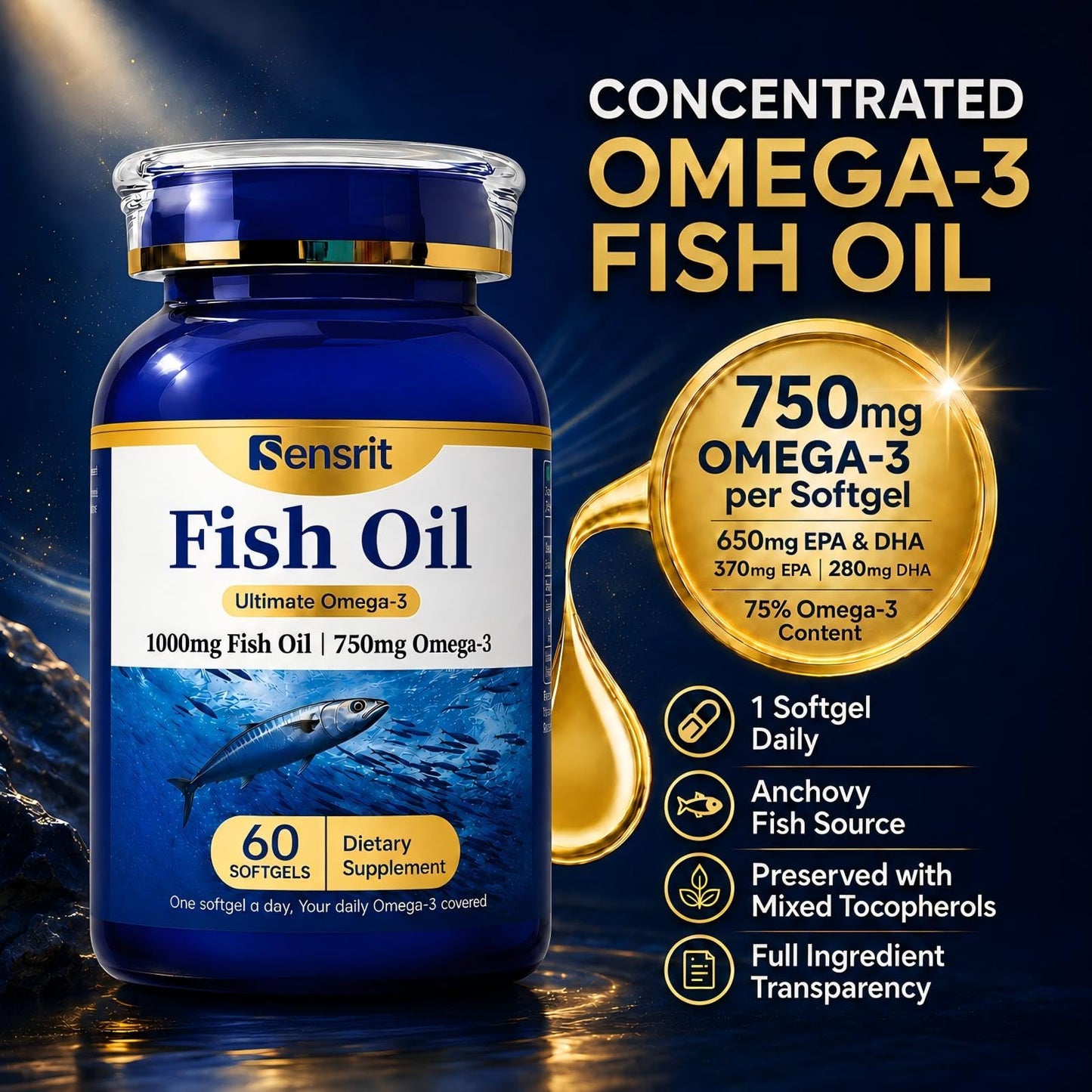 Sensrit Ultra Omega-3 Fish Oil 1000mg Capsules, 60 Count