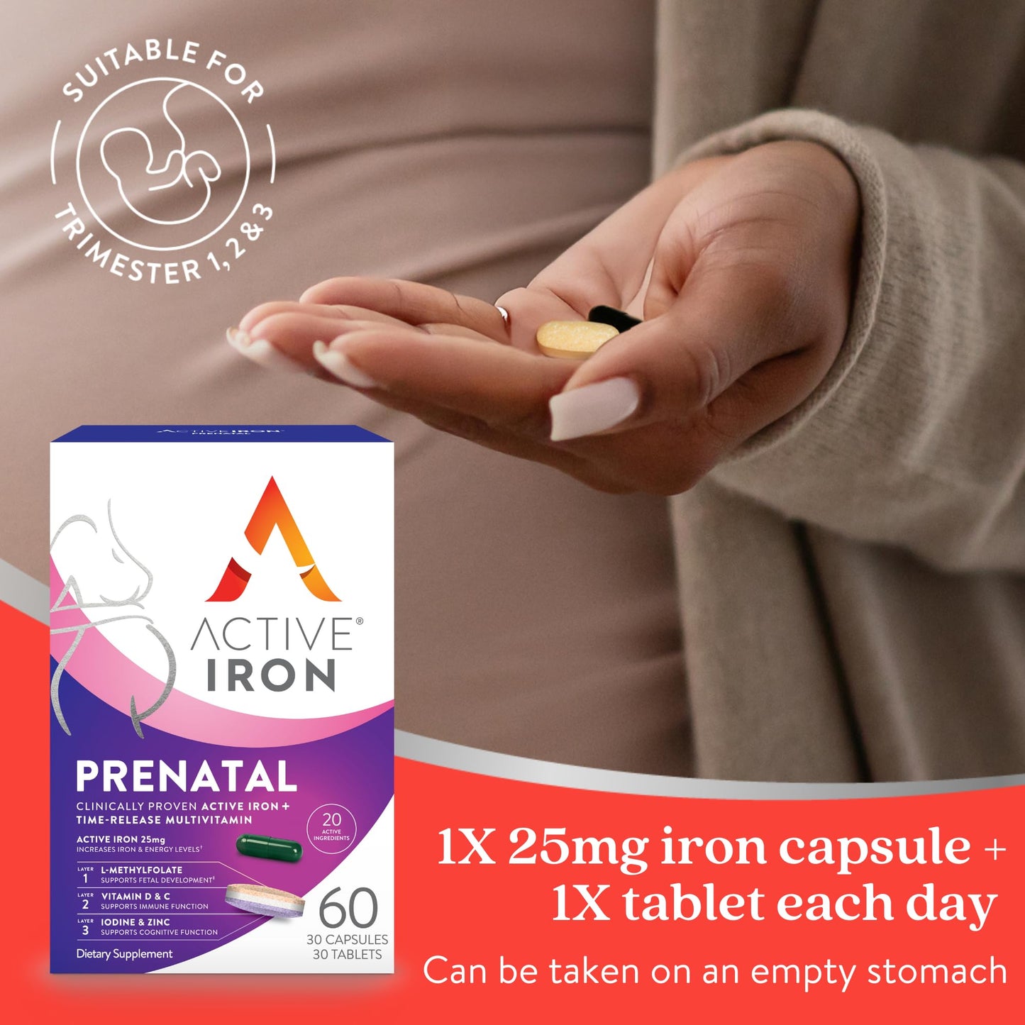 ACTIVEIRON Active Iron Supplement 25mg + Prenatal Multivitamin, Capsule, 60 Count