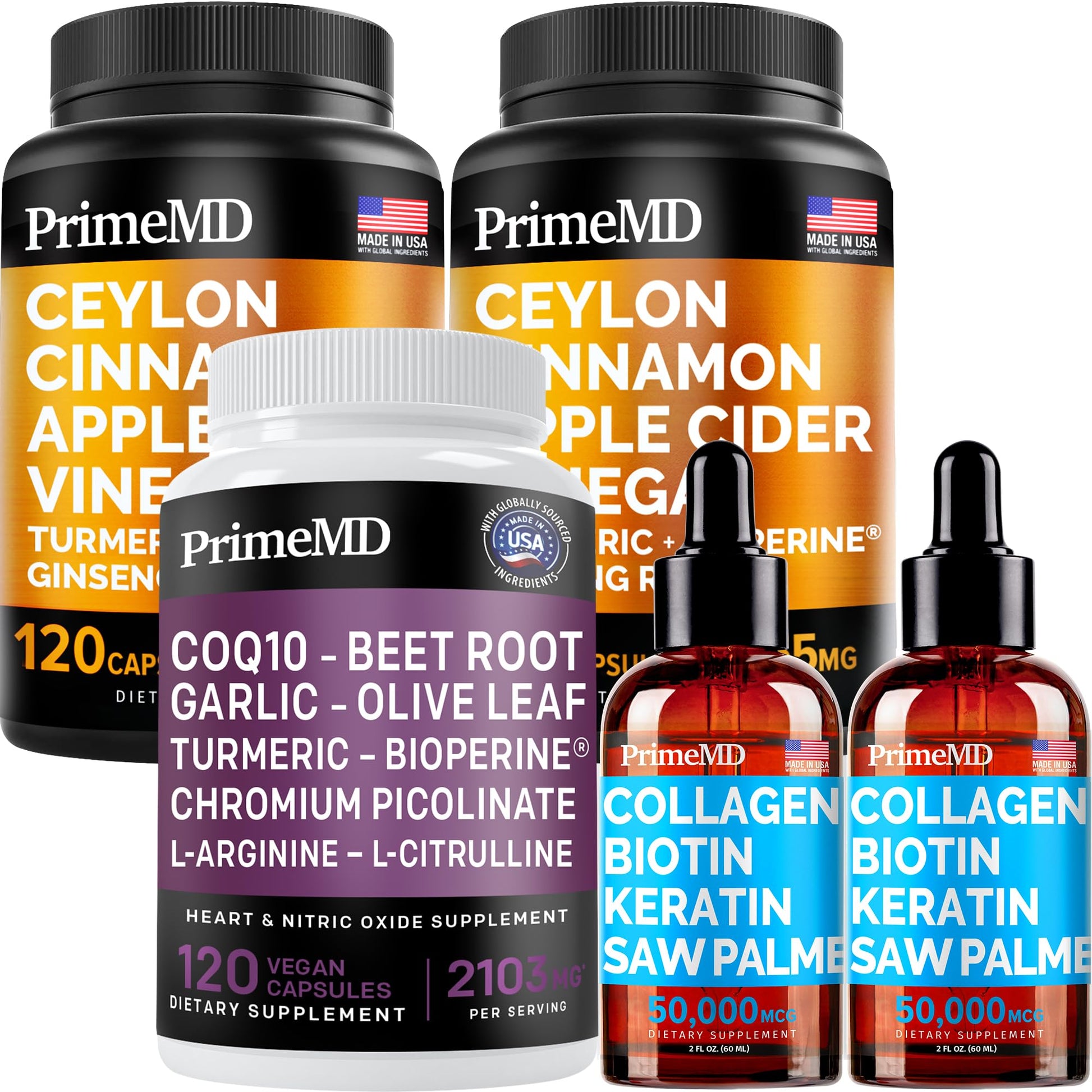PrimeMD Liquid Collagen Biotin, Ceylon Cinnamon, & Nitric Oxide Capsule Bundle (2pk, 2pk, 1pk)