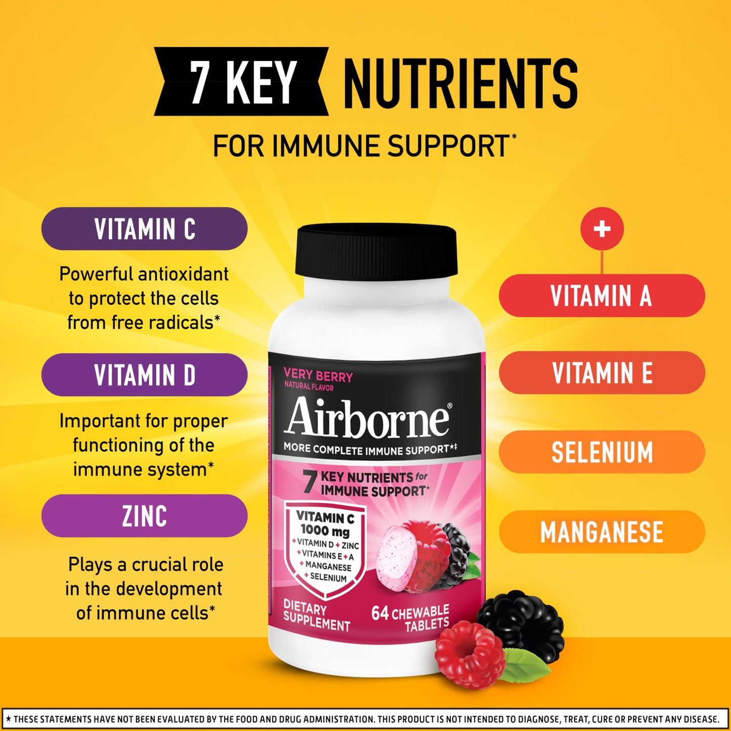 Airborne Berry Chewable Vitamin C Tablets 1000mg, 64 Count