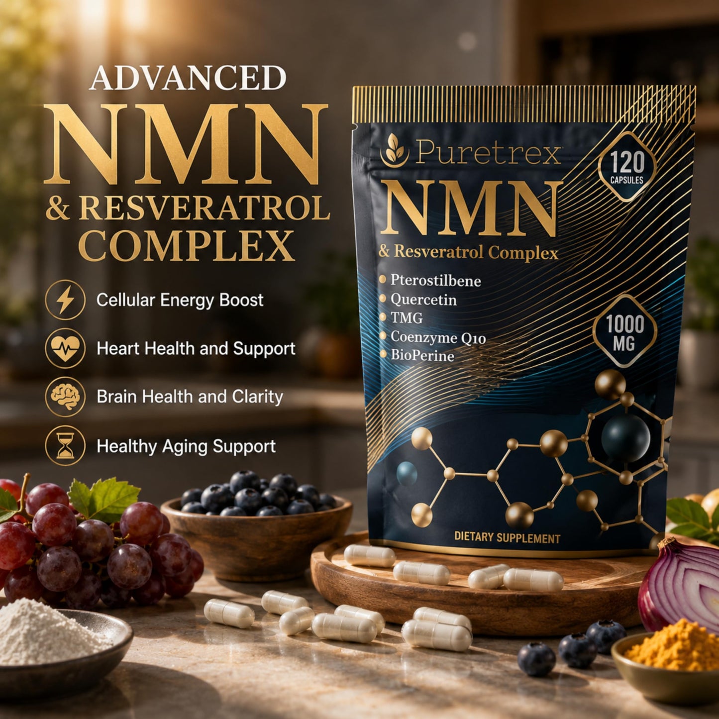 PURETREX NMN 1000mg with Resveratrol, TMG, Pterostilbene, Quercetin, CoQ10, BioPerine Softgel 1