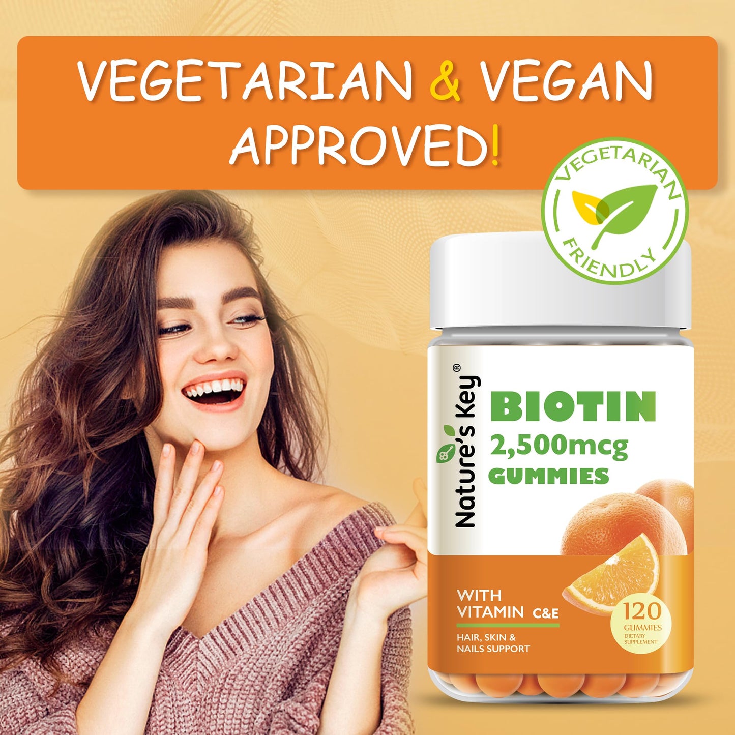 Nature's Key Biotin Gummies with Vitamin C and E, for Hair & Nails Growth and Beautiful Skin, Vegan, Orange Flavor, 120 Gummies