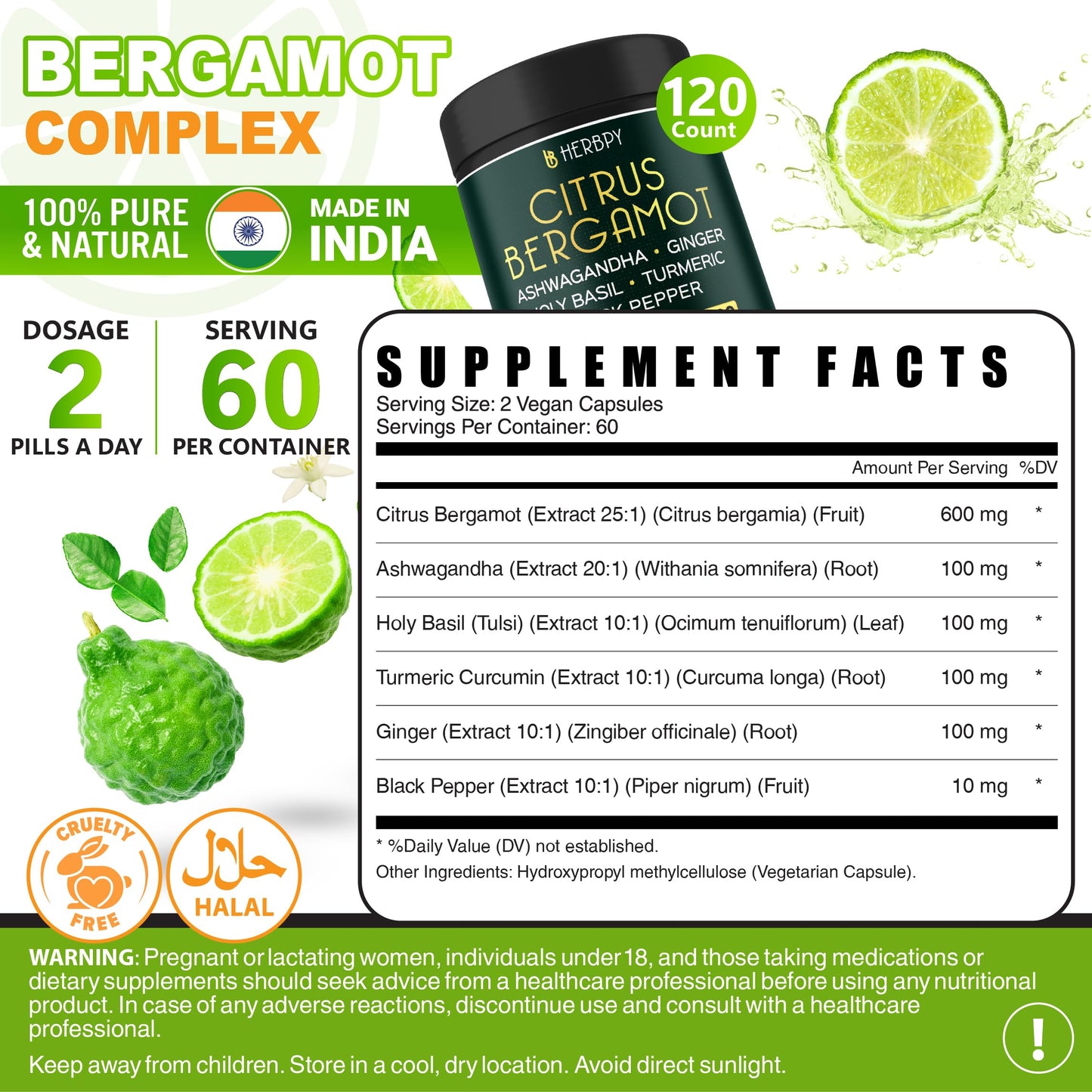 Herbpy 6in1 Citrus Bergamot Supplement with Ashwagandha, Holy Basil, Turmeric & Ginger Root Capsules, 120 Count
