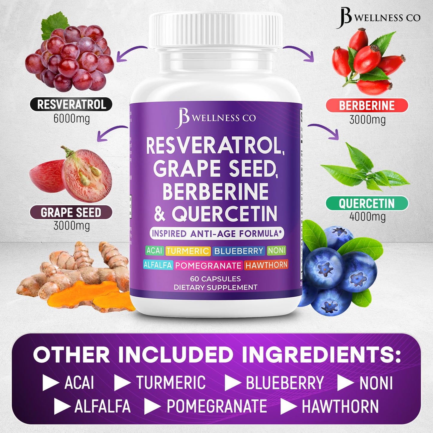 JB Wellness Co Resveratrol, Grape Seed Extract, Berberine, Quercetin - Polyphenol Supplement for Women and Men with Noni Extract, N-Acetyl Cysteine, Acai, 180 Capsules