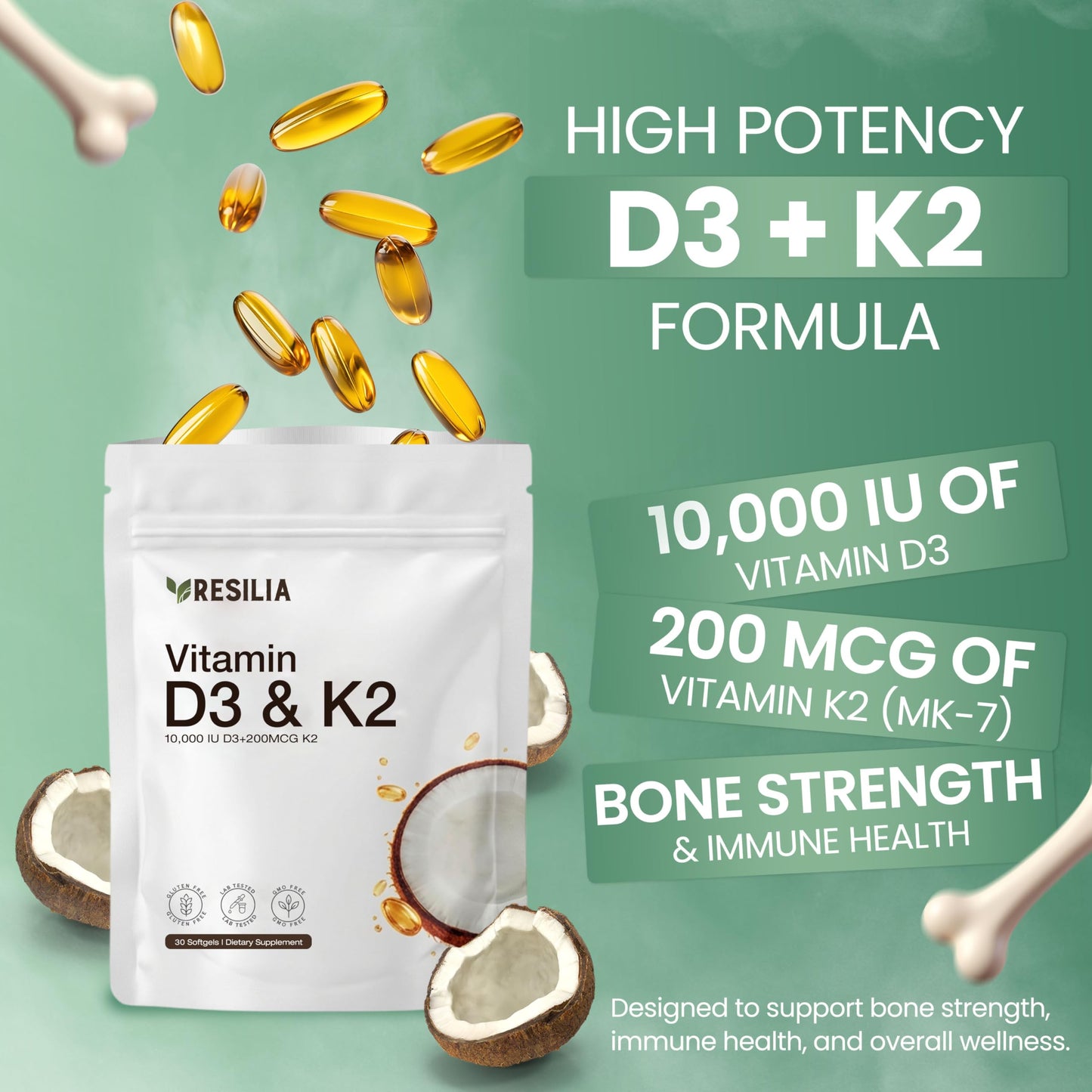 Resilia Oil Of Oregano D3 K2 Vitamin 10000 IU + MK-7 200 mcg Capsule 1 Count