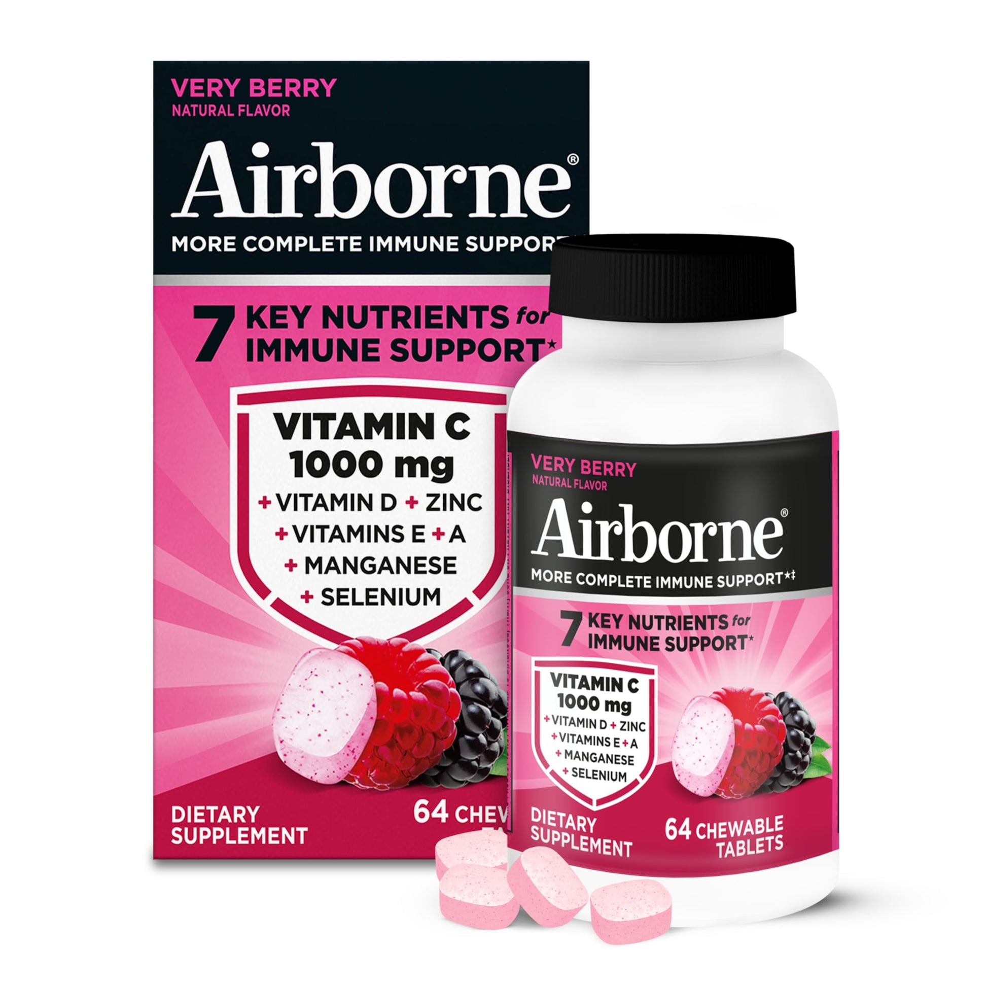 Airborne Berry Chewable Vitamin C Tablets 1000mg, 64 Count