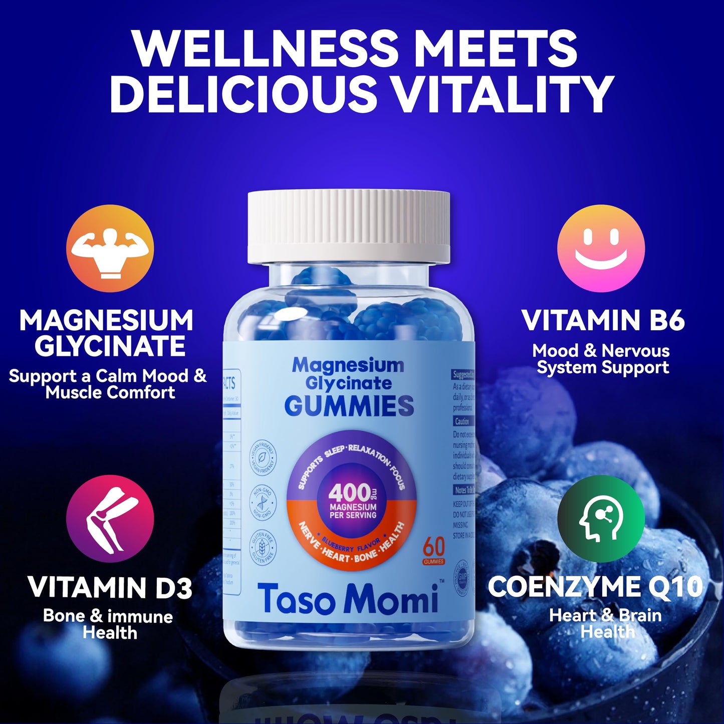 TasoMomi Magnesium Glycinate Gummies 400mg Sugar Free Vegan Chewable for Adults & Kids - High Absorption to Support Sleep, Muscle, Bone, and Cognitive Health with Vitamin D3, B6, C, CoQ10, 60 Blueberry Gummies