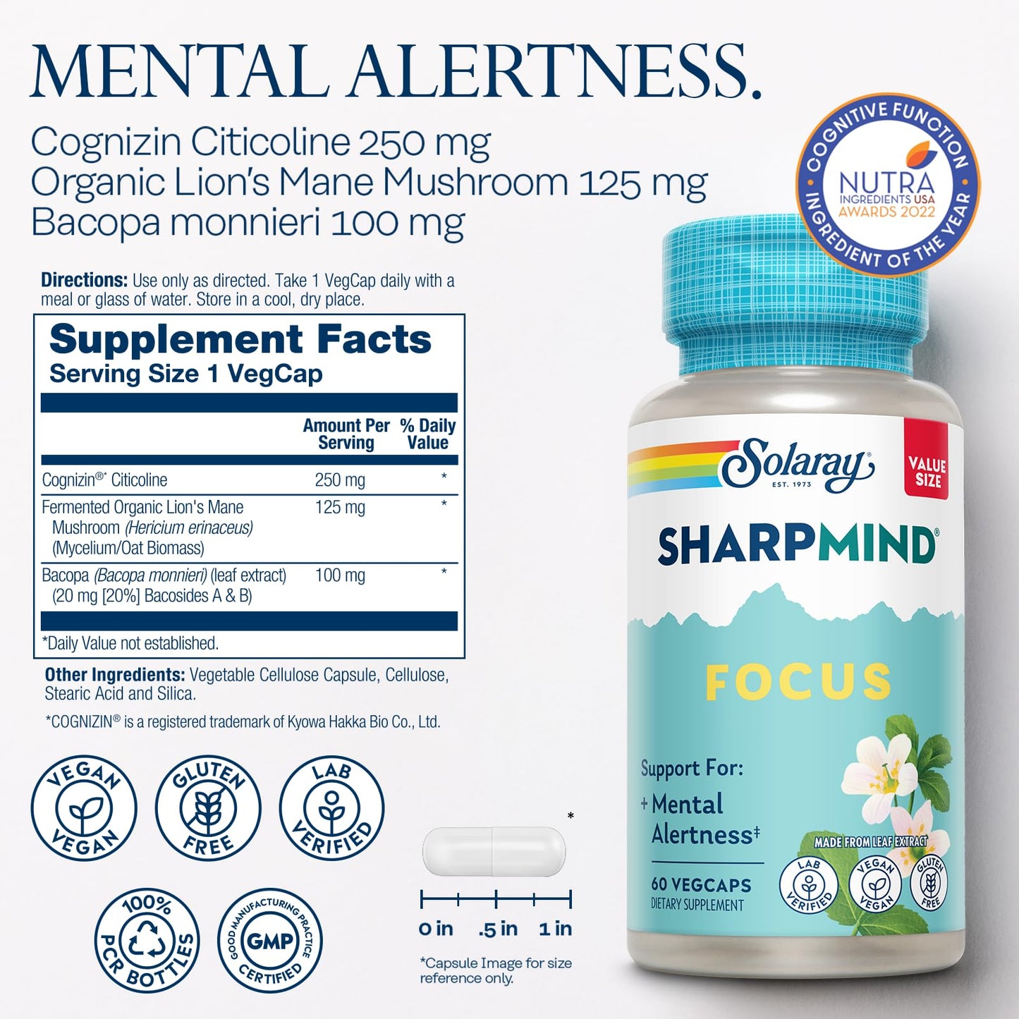 Solaray SharpMind Focus, Mental Alertness Nootropic Supplement for Healthy Brain Fog, Cognizin Citicoline, Lions Mane Mushroom, Bacopa Monnieri, 60 Veg Caps