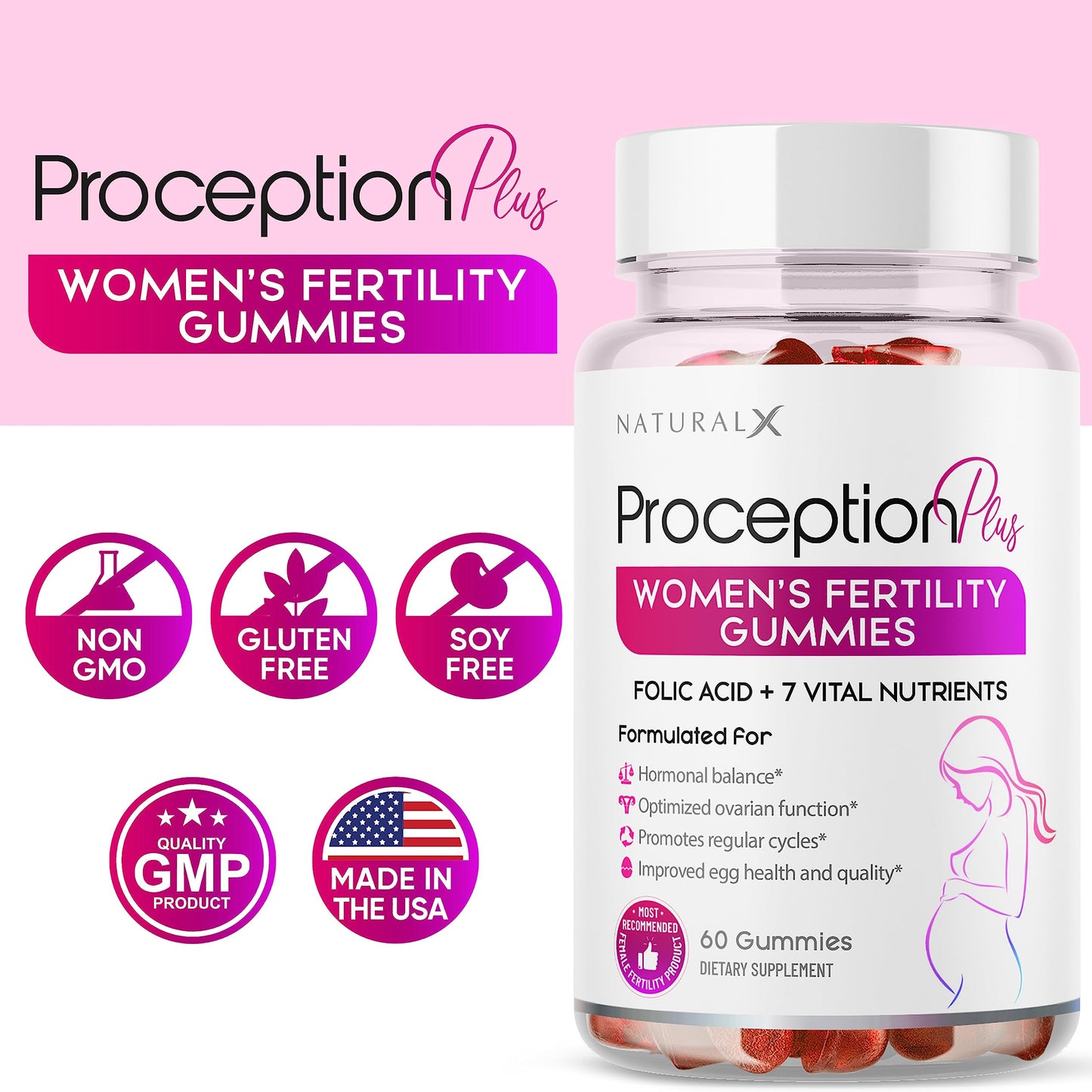 Natural X Fertility for Women - Myo-Inositol, Folic Acid, Biotin, B Vitamins Gummy 60 Count